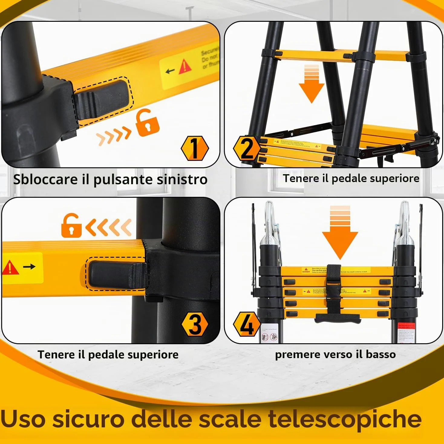 Eulenke Scala telescopica in alluminio 5 m / 2,5m + 2,5m, scala pieghevole con bilanciere e ruote, scala retrattile portata 150 kg, scala pieghevole salvaspazio, antiscivolo, nero e giallo