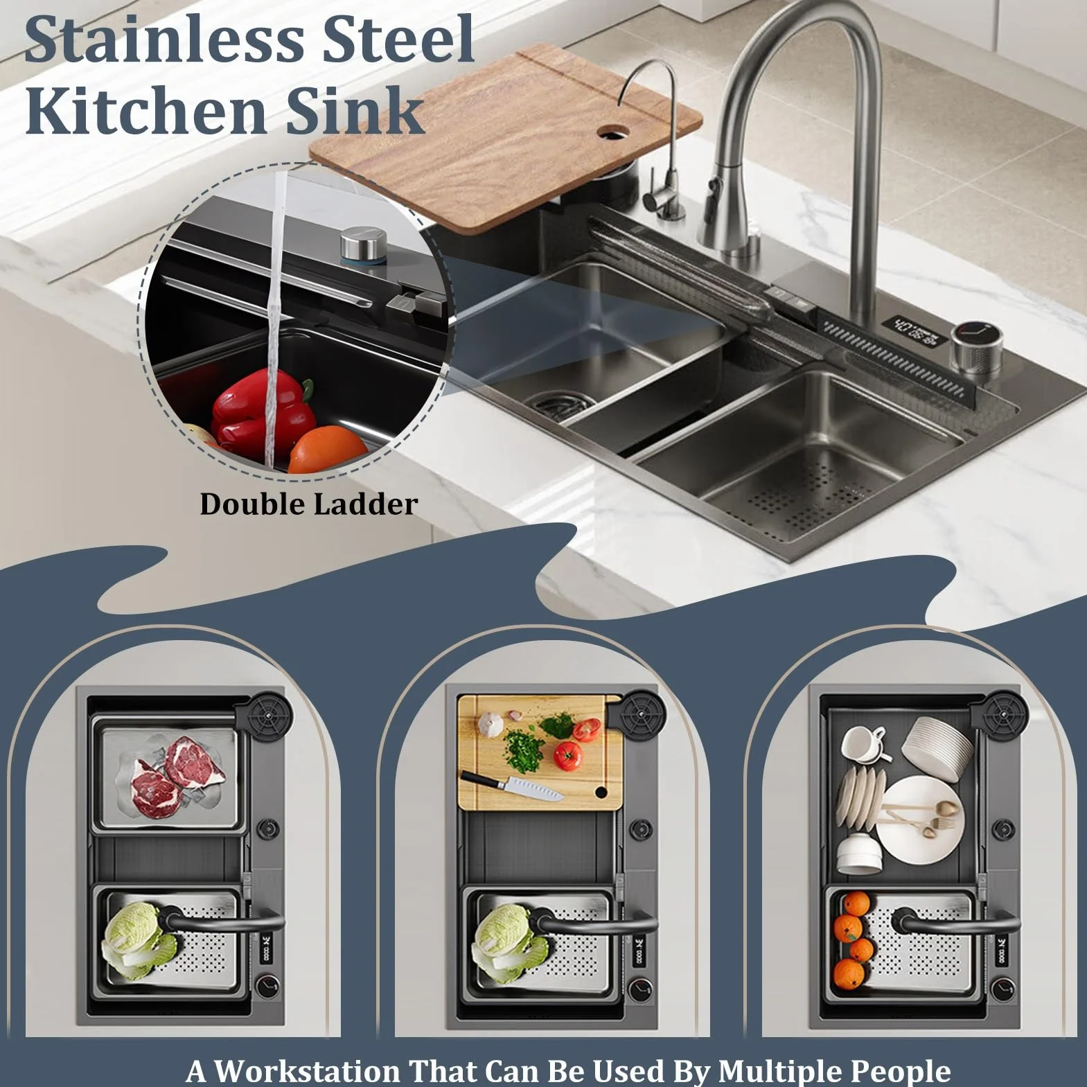 50 Cm Di Larghezza Nero Grande Cascata Lavello Cucina Acciaio Inox Set, Lavello Multifunzione1 Vasca Con Cascataterraneo Rubinetto, Lavandino Esterno Con Gocciolatoio E Vari Accessor(Black-Grey A,80x5