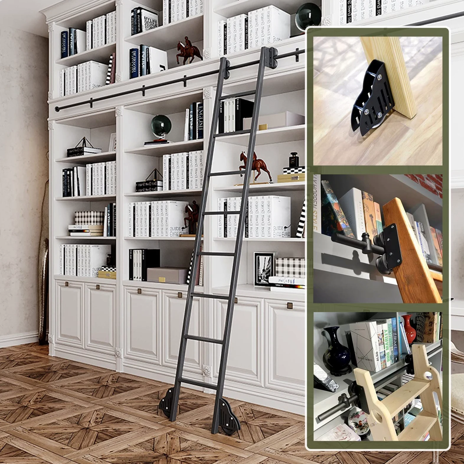 Luyckfrazy Scala per Libreria Scorrevole Binario Sospeso 3.3ft-20ft, Kit per Ufficio a Soppalco Con Ruote a Pavimento (Senza Scala) (Size: 200cm Kit Pista)