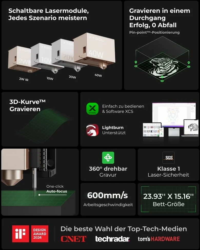 xTool S1 40W Incisore Laser Basic Kit con Aisst Aria Intelligente e Pannello a Nido d'Ape, Velocità 600 mm/s, Fuoco Automatico, Blocco Fumo, 498 * 330mm per Metallo, Legno, Acrilico, Tumbler (Nero)