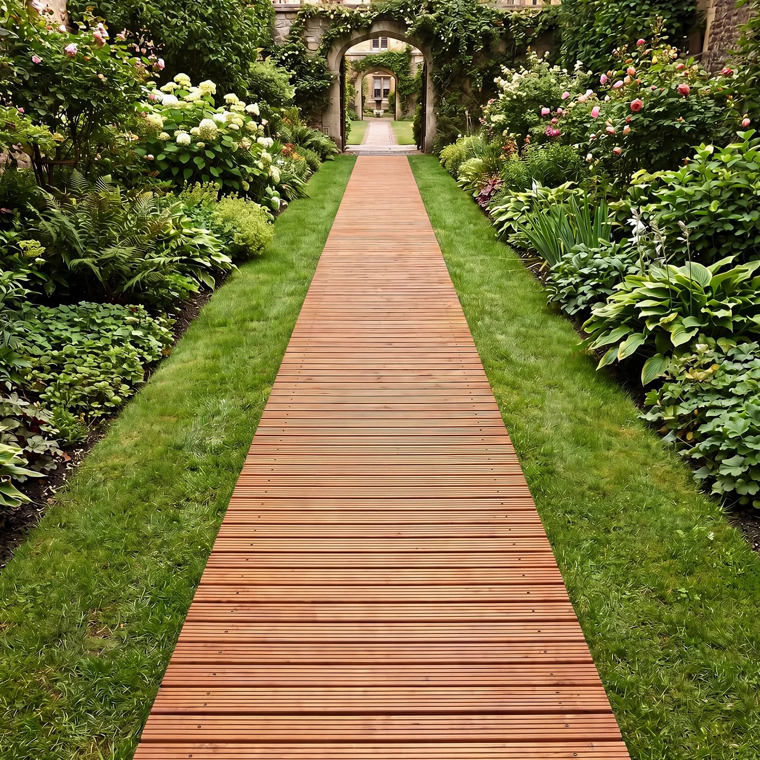 COSTWAY Sentiero da Giardino in Legno, Passerella Decorativa da Esterno, Superficie Antiscivolo, Collegamento con Fili Metallici, Sentiero Arrotolabile per Cortile e Spiaggia, 367 x 55 cm (Naturale)