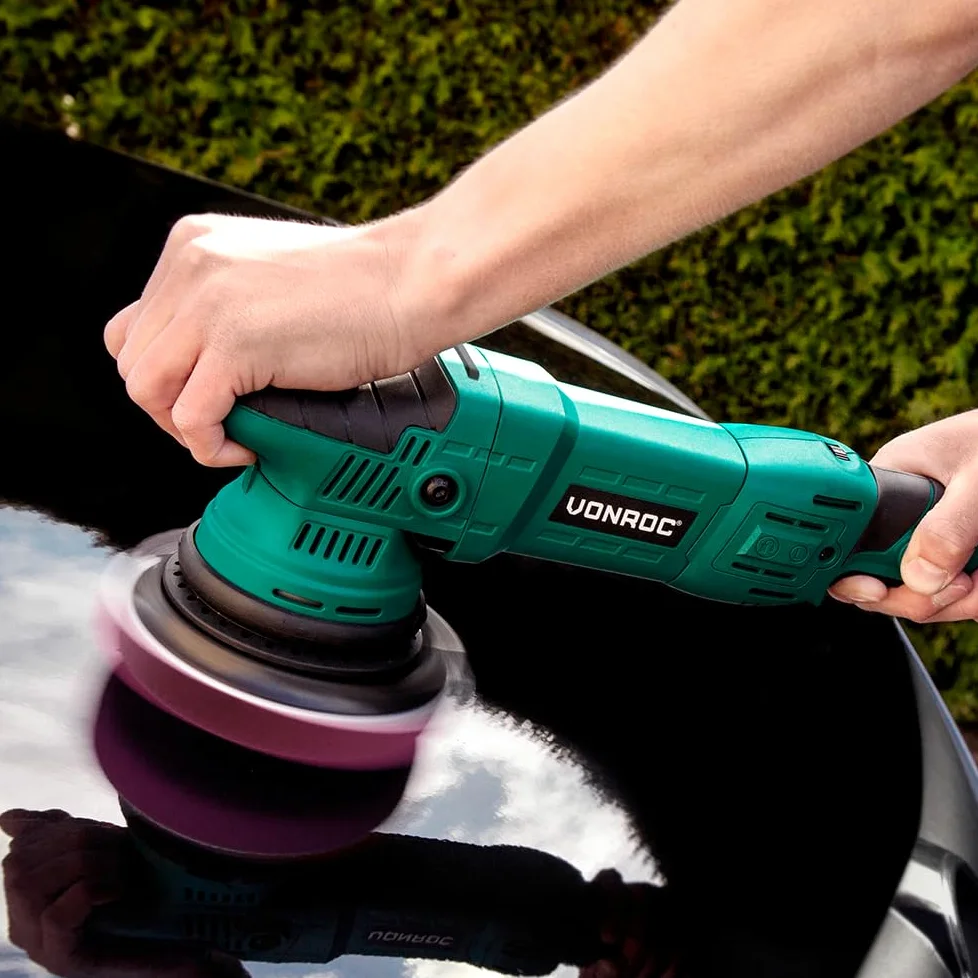 VONROC Lucidatrice Auto 1050W, Orbitale Doppia Azione 21mm, Velocità Variabile 1400–4800 RPM, Disco 150mm con Velcro, Soft Start, Cavo 4m – Per Lucidatura Auto, Barca e Rimozione Graffi - Con 4 dischi