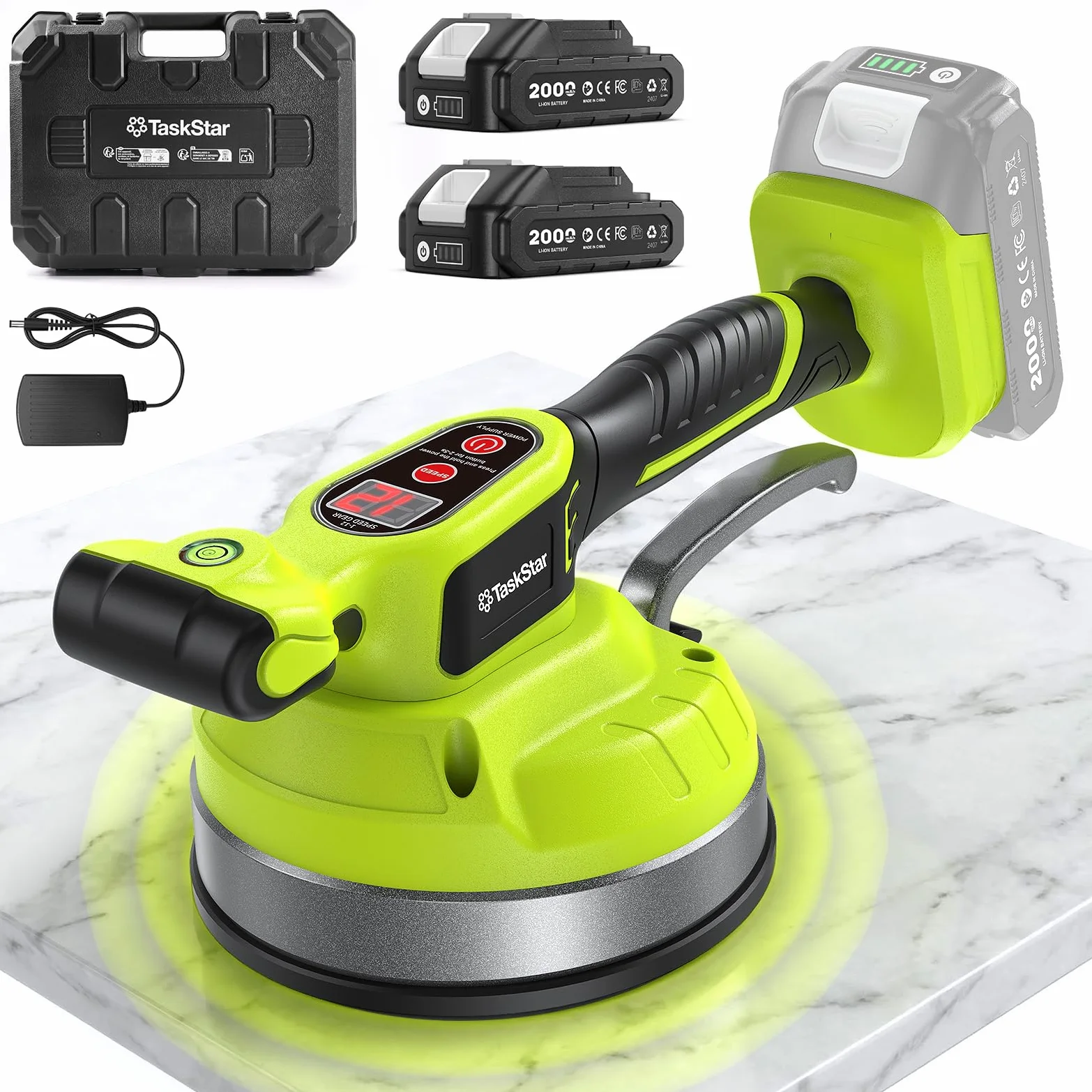 Taskstar Vibratore per piastrelle, compatibile con batteria Makita 18V, ventosa 160 mm (113 kg), 26.000 giri/min, 12 velocità, per piastrelle grandi fino a 122 cm, attrezzo installazione professionale
