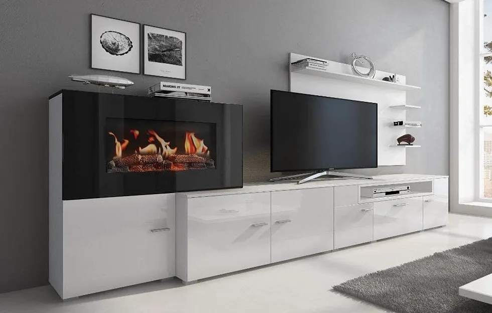 Skraut Home - Mobili per Soggiorno con Camino Elettrico - 170 x 290 x 45 cm - Sistema di Illuminazione LED Effetto Fiamma - Nuovo Modello Olympo - Stile Moderno - Finitura Bianca