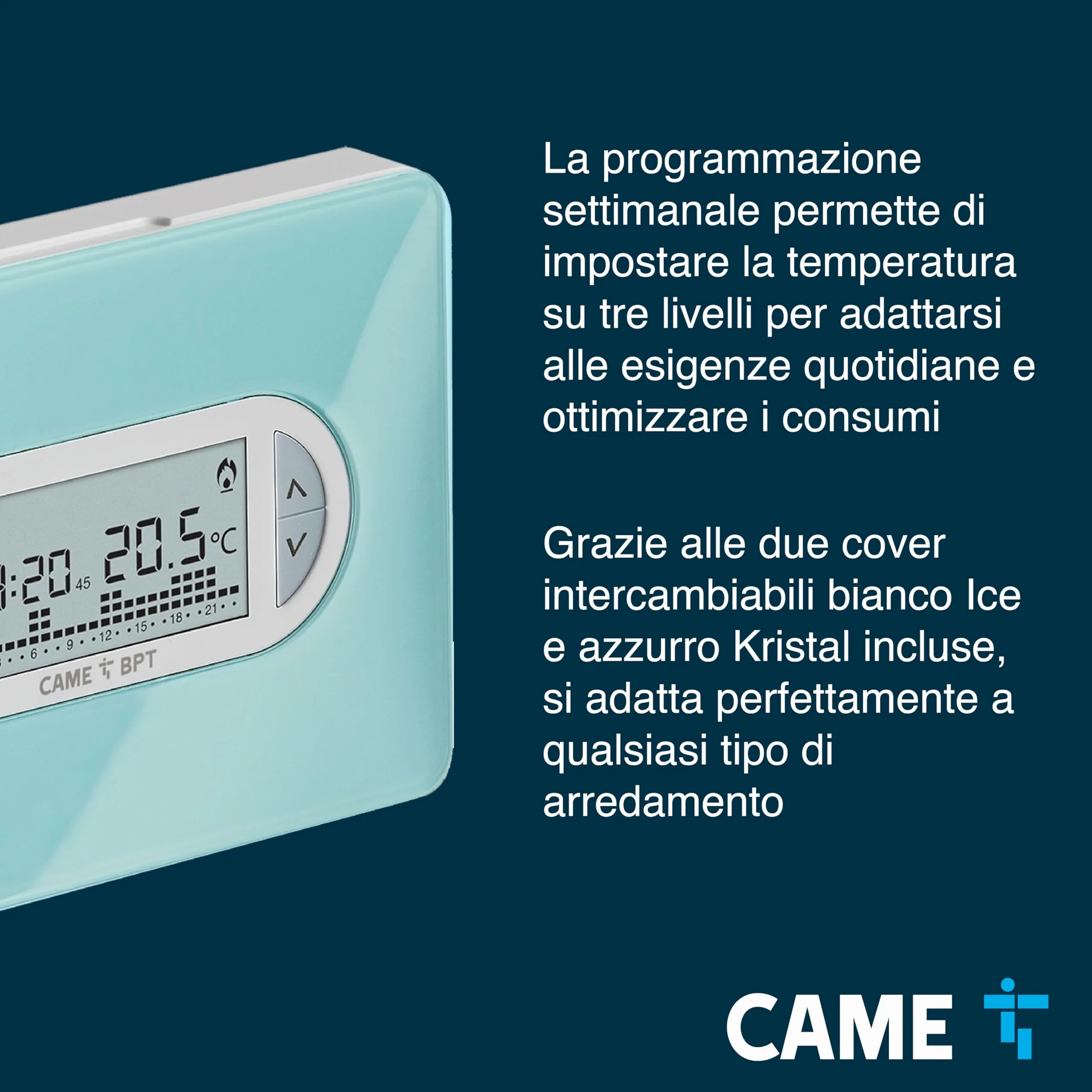 CAME Cronotermostato TH/450 digitale settimanale da parete a batterie ministilo, due cover incluse, controllo della temperatura differenziale e proporzionale integrale per l'ottimizzazione dei consumi