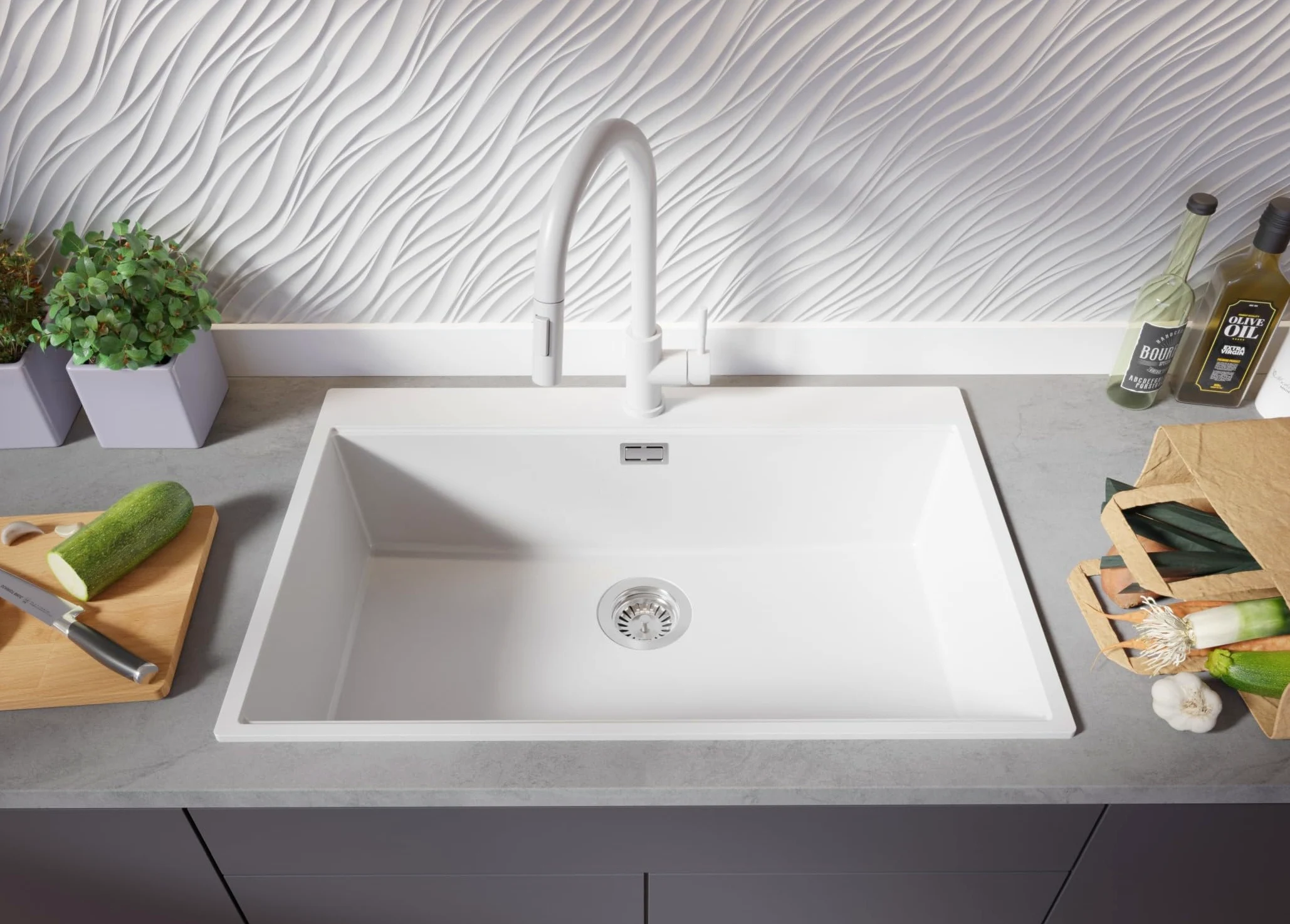 PRIMAGRAN Lavello da Cucina Bianco 78x50cm, Lavandino in Granito a 1 vasca + Set di accessori, Lavabo da Cucina Incasso al Mobile 80cm - Oslo Top S558