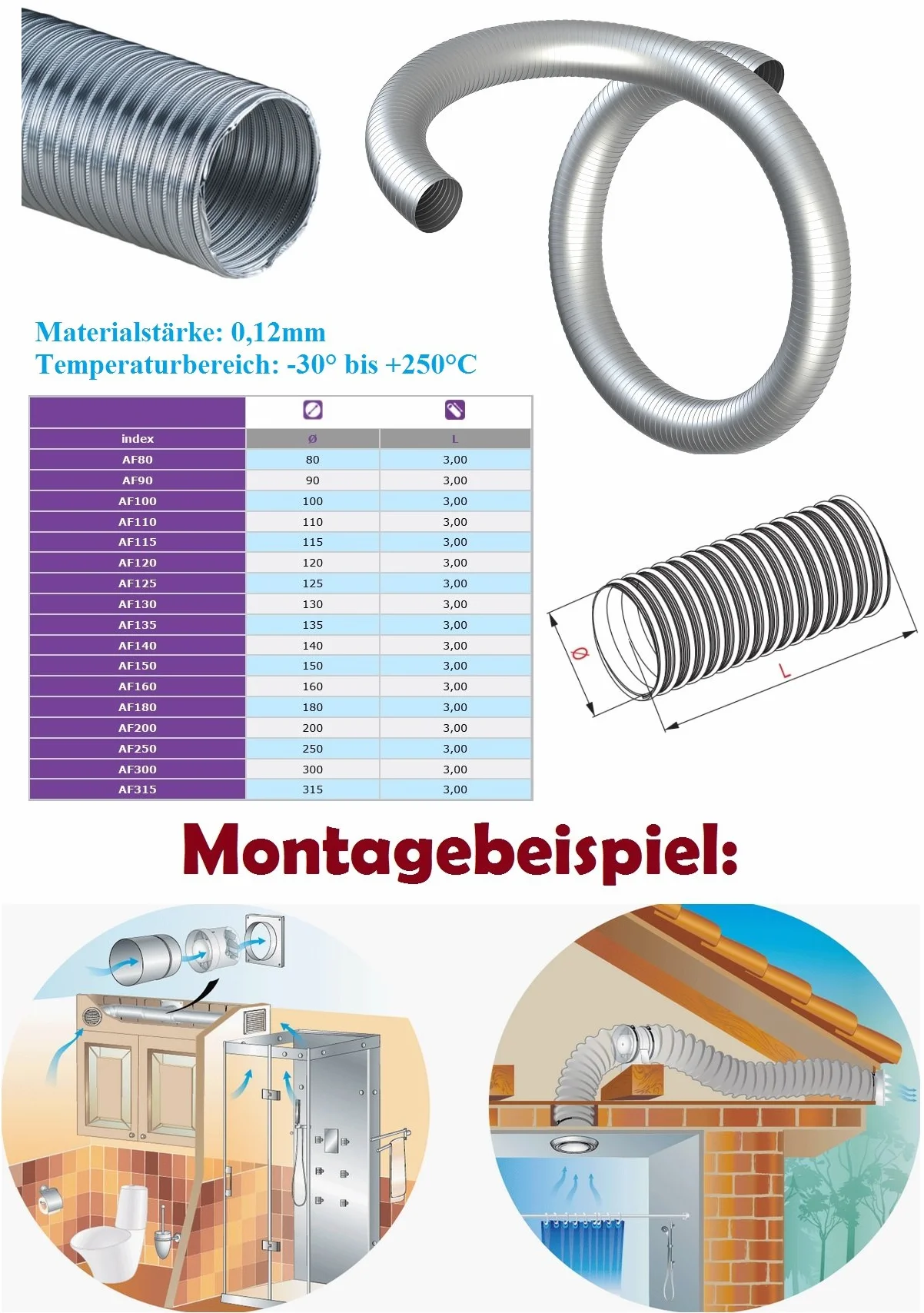 Tubo flessibile in alluminio 2,60 m tubo flessibile per tubi ø 315 mm 315 mm tubo in alluminio Flex tubo flessibile alluminio tubo flessibile Flex in alluminio resistente al calore AF