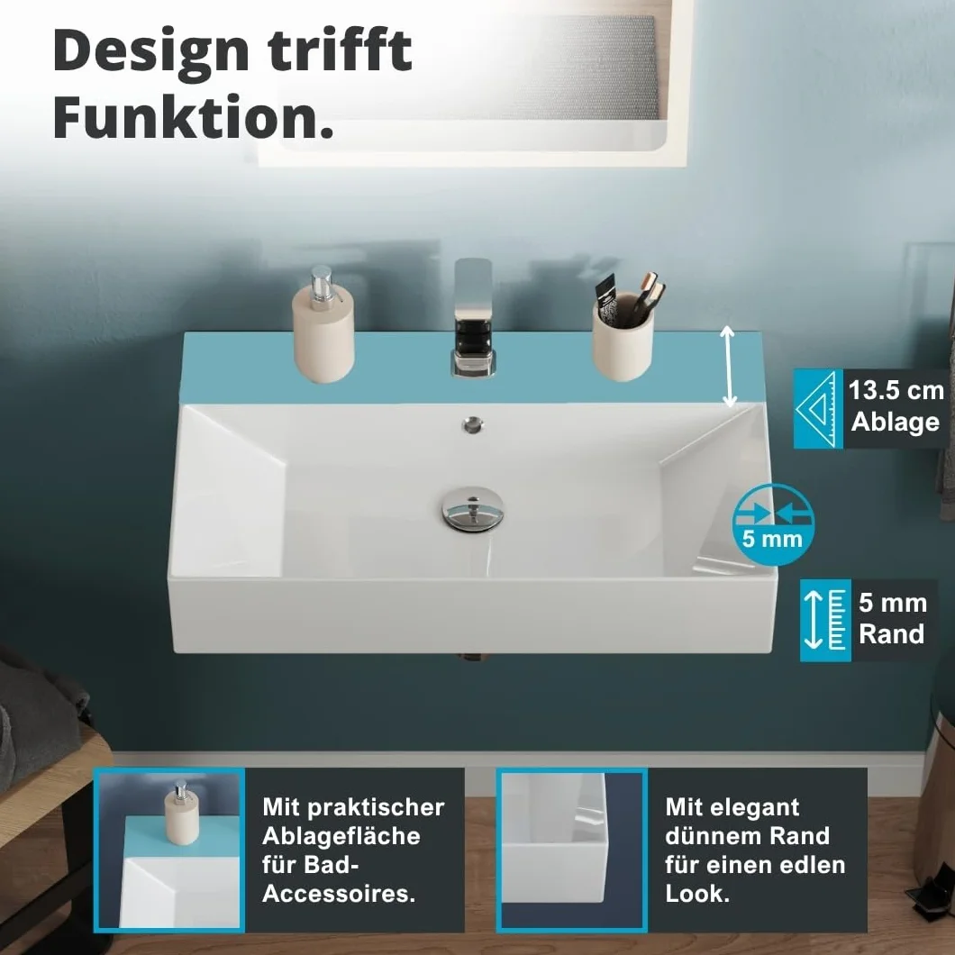 Aqua Bagno lavabo 70 cm rettangolare da parete, ceramica bianco lucido con foro rubinetto e troppopieno, design moderno per bagno contemporaneo, facile da pulire