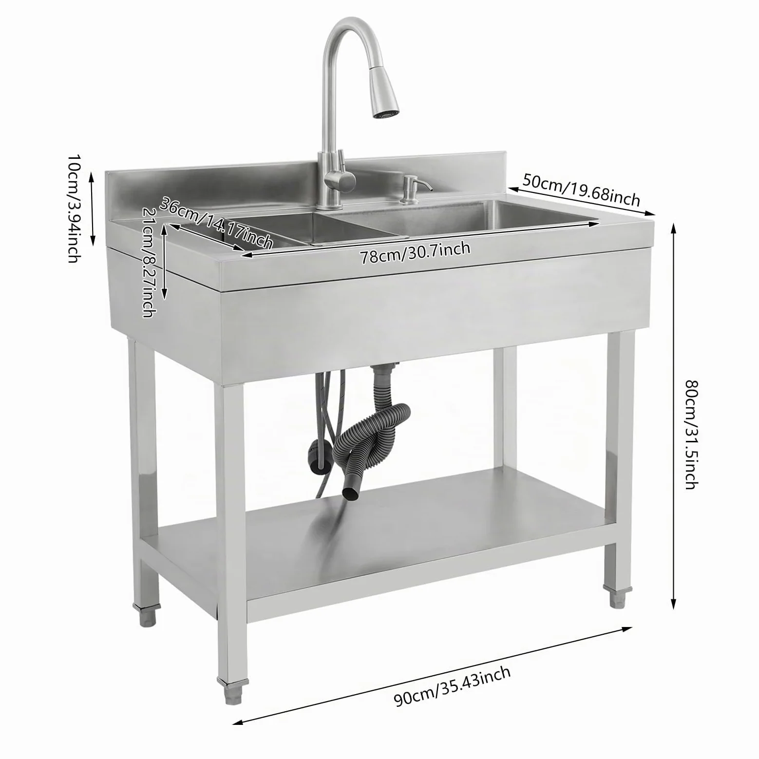 Lavando in acciaio inossidabile a libera installazione, lavello singolo lavello da cucina rettangolare con piedistallo, lavello mobile per cucina, garage, esterno (90x50x80 cm)
