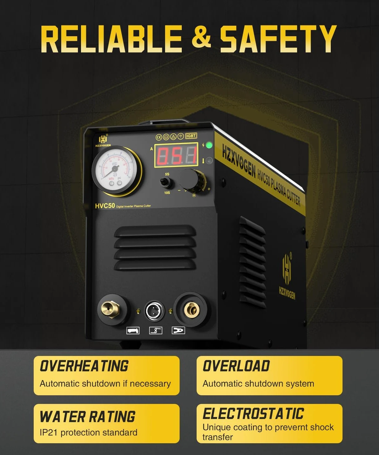 H HZXVOGEN Taglierina al Plasma 50A 230V, Taglio Max Acciaio 15mm, Taglio Pulito 8mm, Inverter IGBT DC, Accensione HF, Display Digitale, Raffreddamento Intelligente per Principianti e Hobbisti