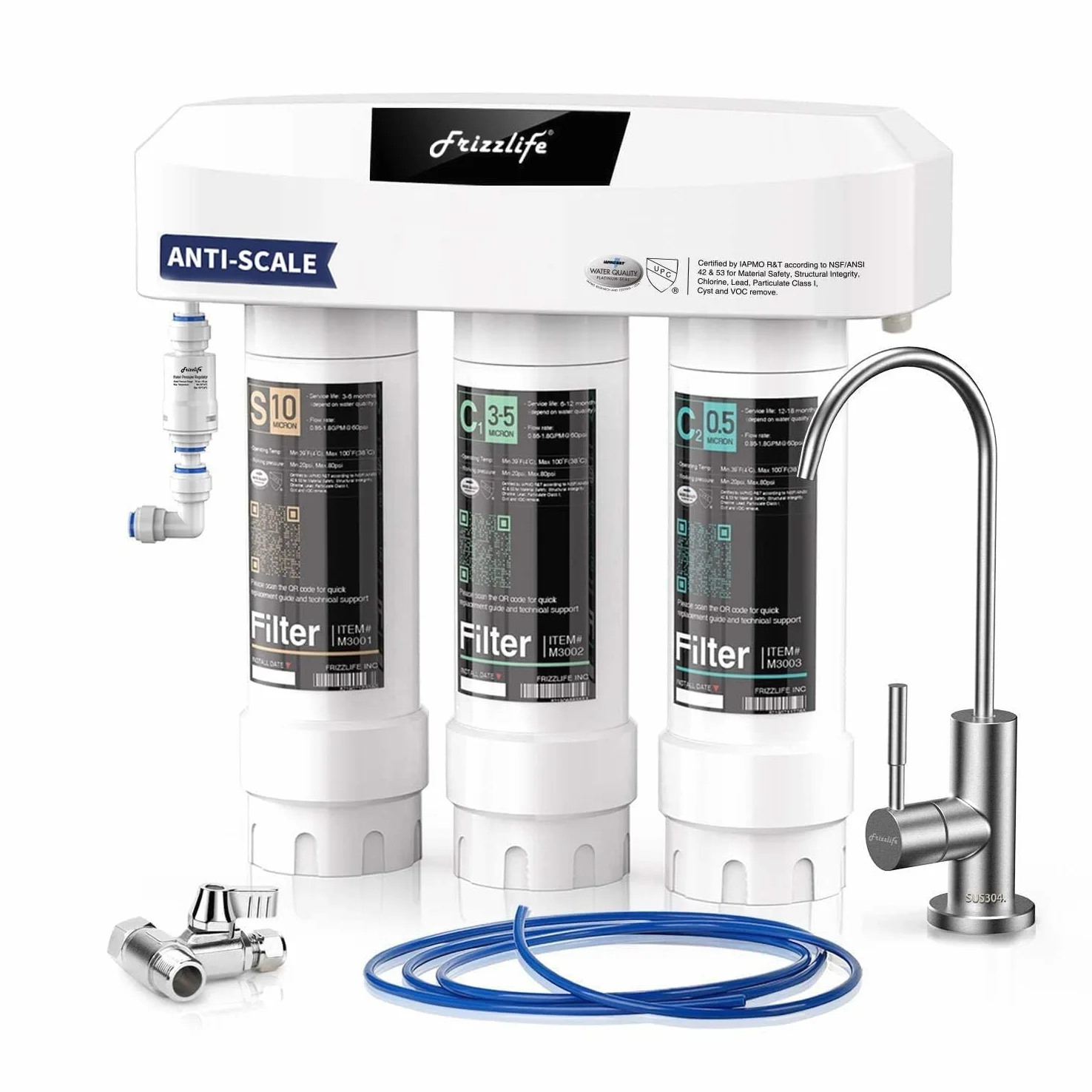 Frizzlife SP99-NEW, sistema di filtrazione dell'acqua sottolavello con rubinetto in nichel spazzolato, certificato 0,5 micron a 3 stadi, rimuove il 99,99% di piombo, cloro, cloramina, fluoro, Scale