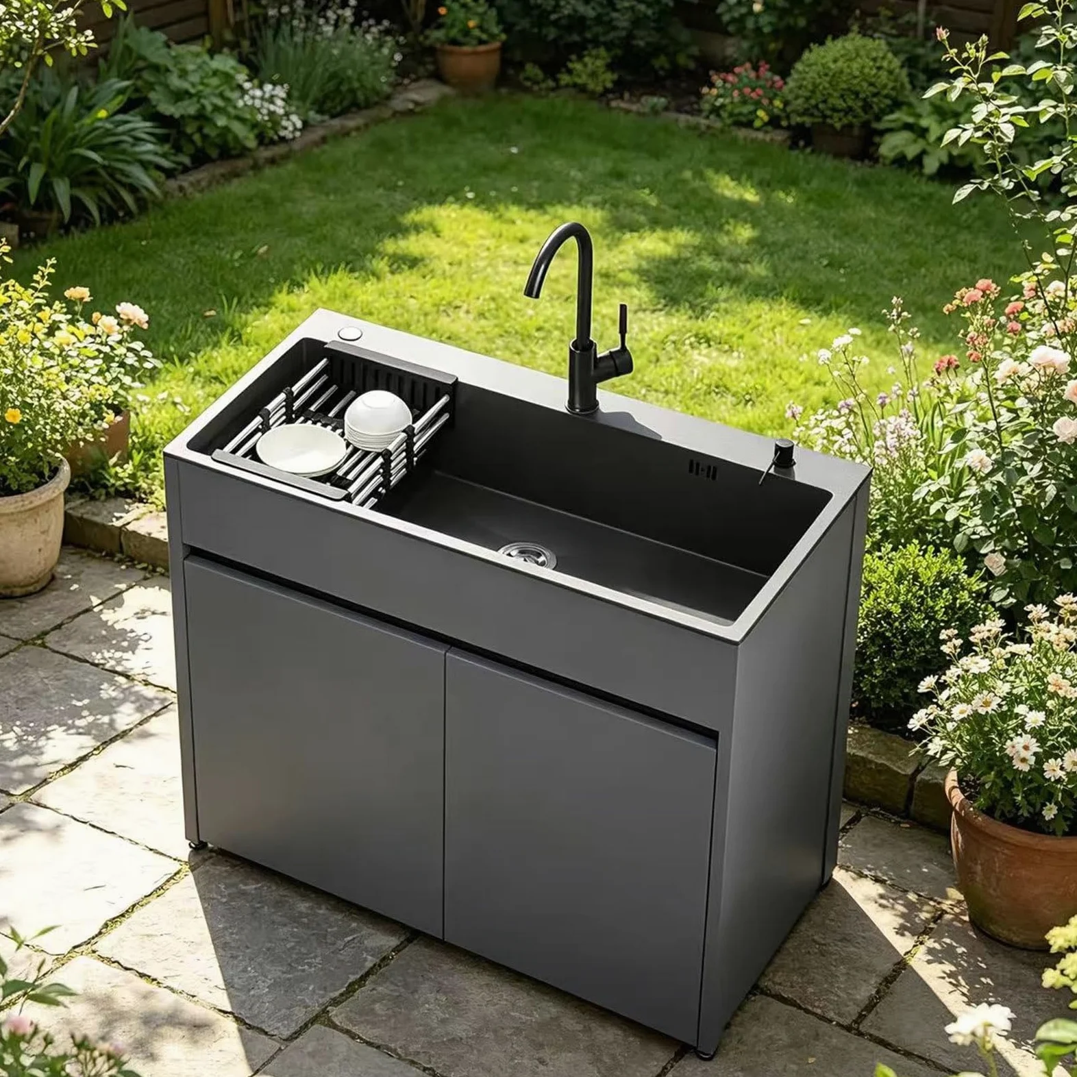 Mobile Lavello Autoportante in Alluminio a Nido d'Ape 68cm Lavandino in Acciaio Inox con Miscelatore Acqua Calda/Fredda e Dispenser Sapone, Mobiletto Salvaspazio per Esterno, Giardino e Garage