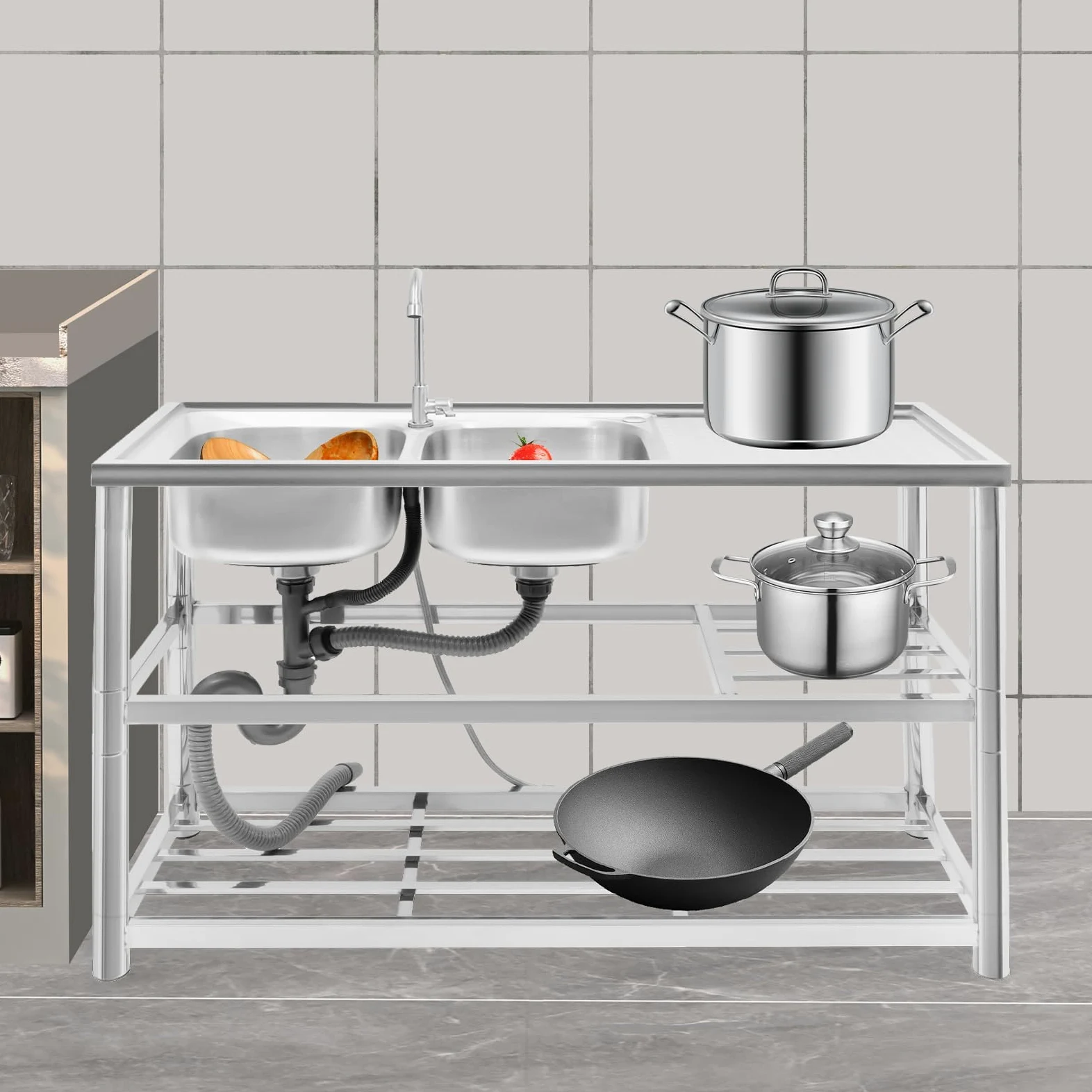 Lavello da cucina in acciaio inox, a 2 vasche a 3 livelli, autoportante, con rubinetto, per ristorante, campeggio, 120 x 45 x 80 cm, con accessori e scolapiatti