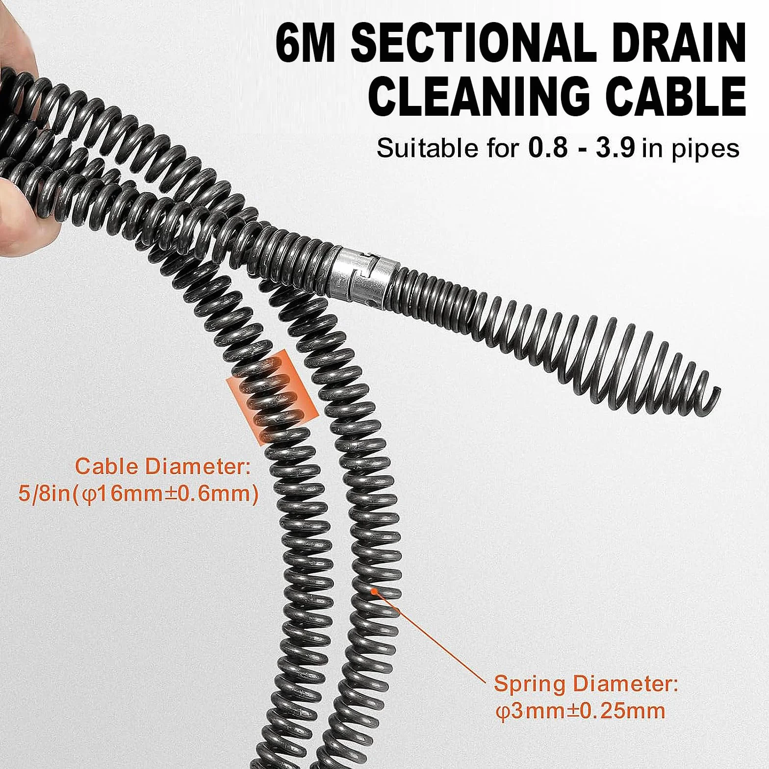 Sonda Sturatubi 6M di spirale Diametro 16 mm, Stura lavandini e scarichi, con 6 pezzi di testa di taglio per la pulizia dei tubi