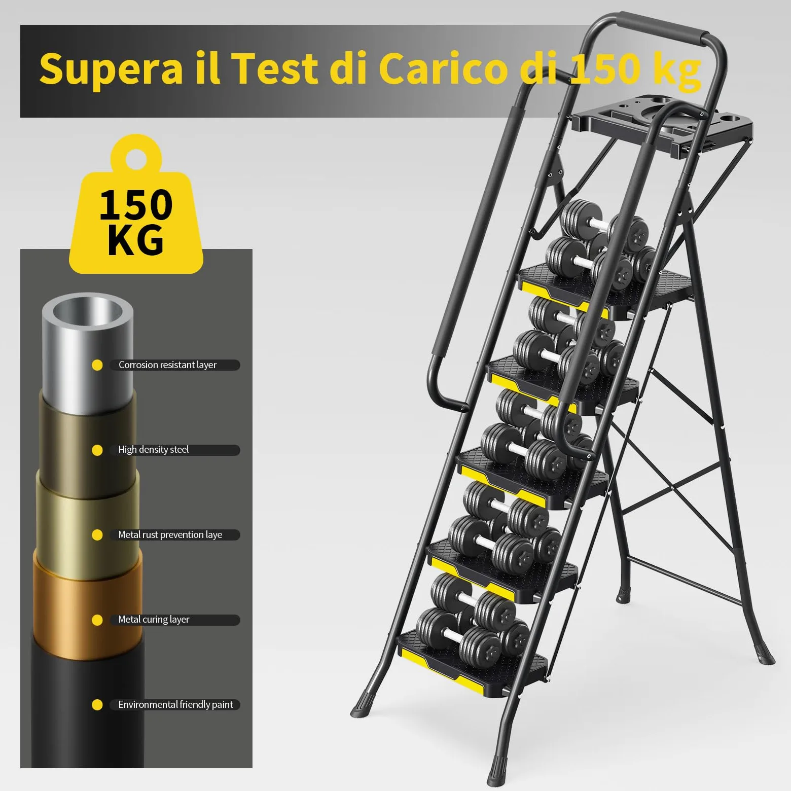 KINGRACK Scaletta 5 Gradini, Scala Pieghevole con Vaschetta Portaoggetti e Corrimano di Sicurezza, Scala Domestica in acciaio con Pedale Largo Antiscivolo, per casa, cucina, dispensa, armadi, ufficio