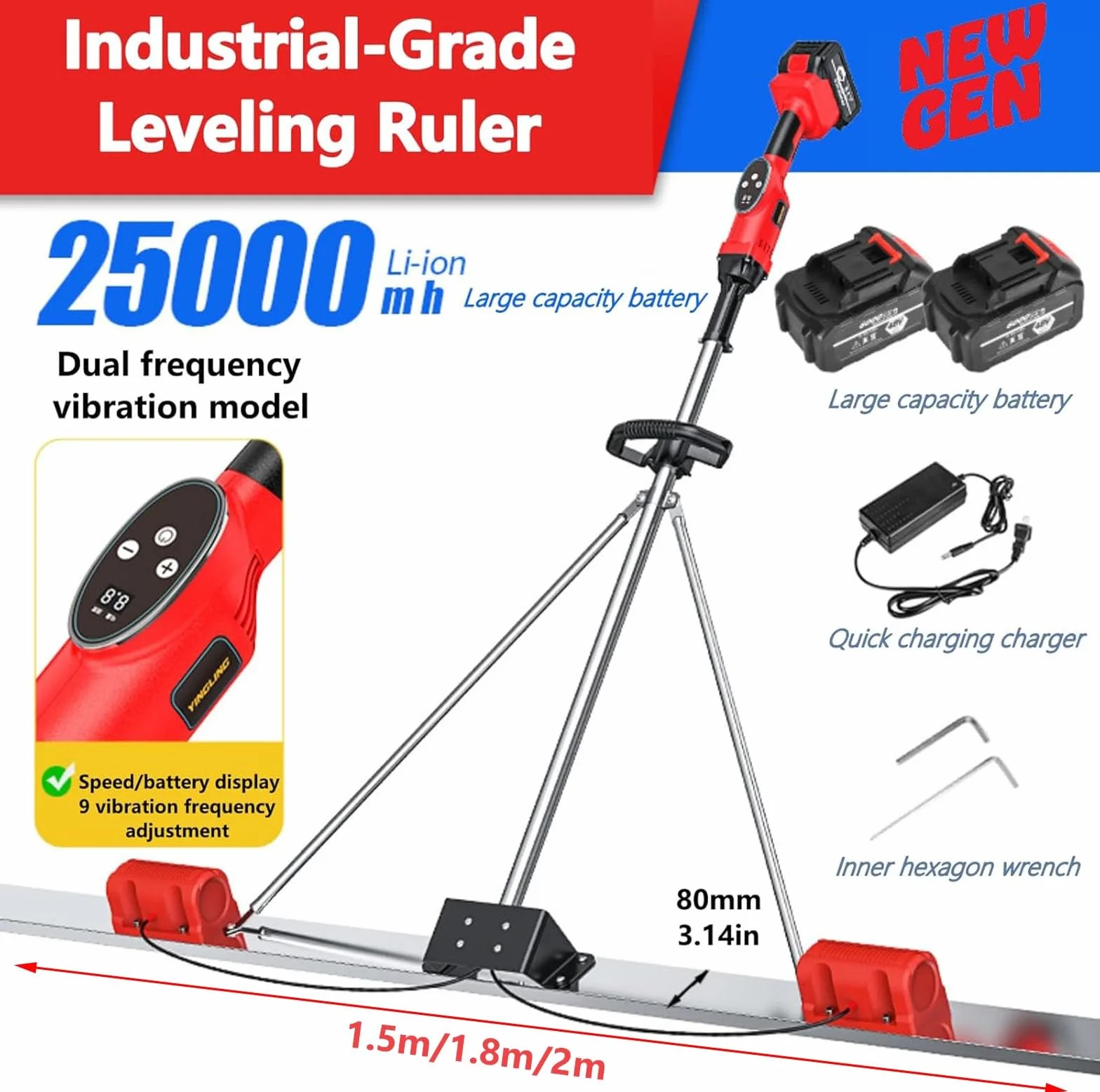 Kit vibrante per massetto in calcestruzzo potenziato, 6000 giri/min, 150 cm/180 cm/200 cm, utensile per finitura del calcestruzzo in acciaio inossidabile, raschietto elettrico per calcestruzzo(2M)