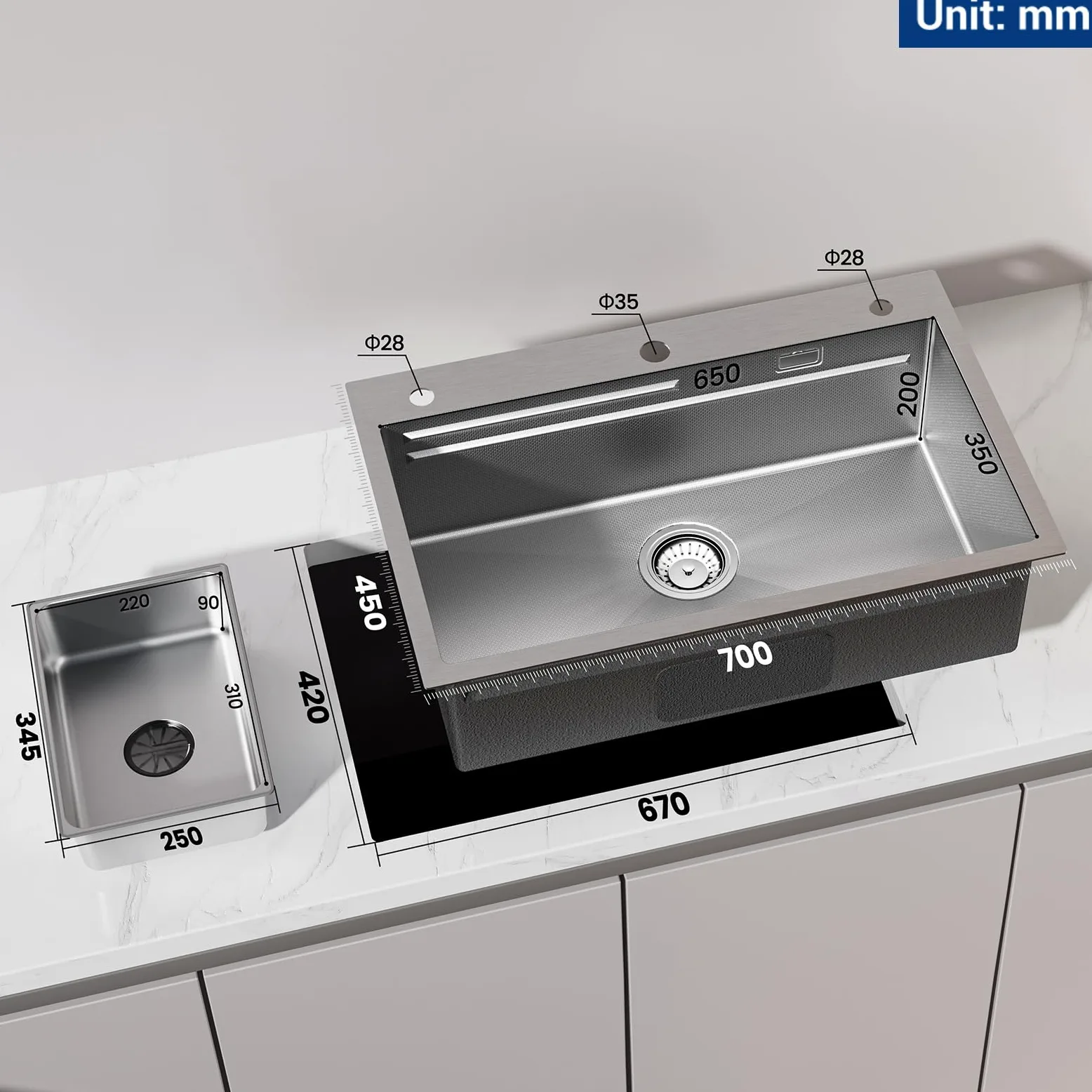 CECIPA Lavandino Cucina 70x45 CM, Lavello Cucina 1 Vasca con Dispenser Sapone, Lavabo Cucina con Vasca Mobile e Tagliere, Lavello in Acciaio Inox 201 con Sifone e Set di Drenaggio
