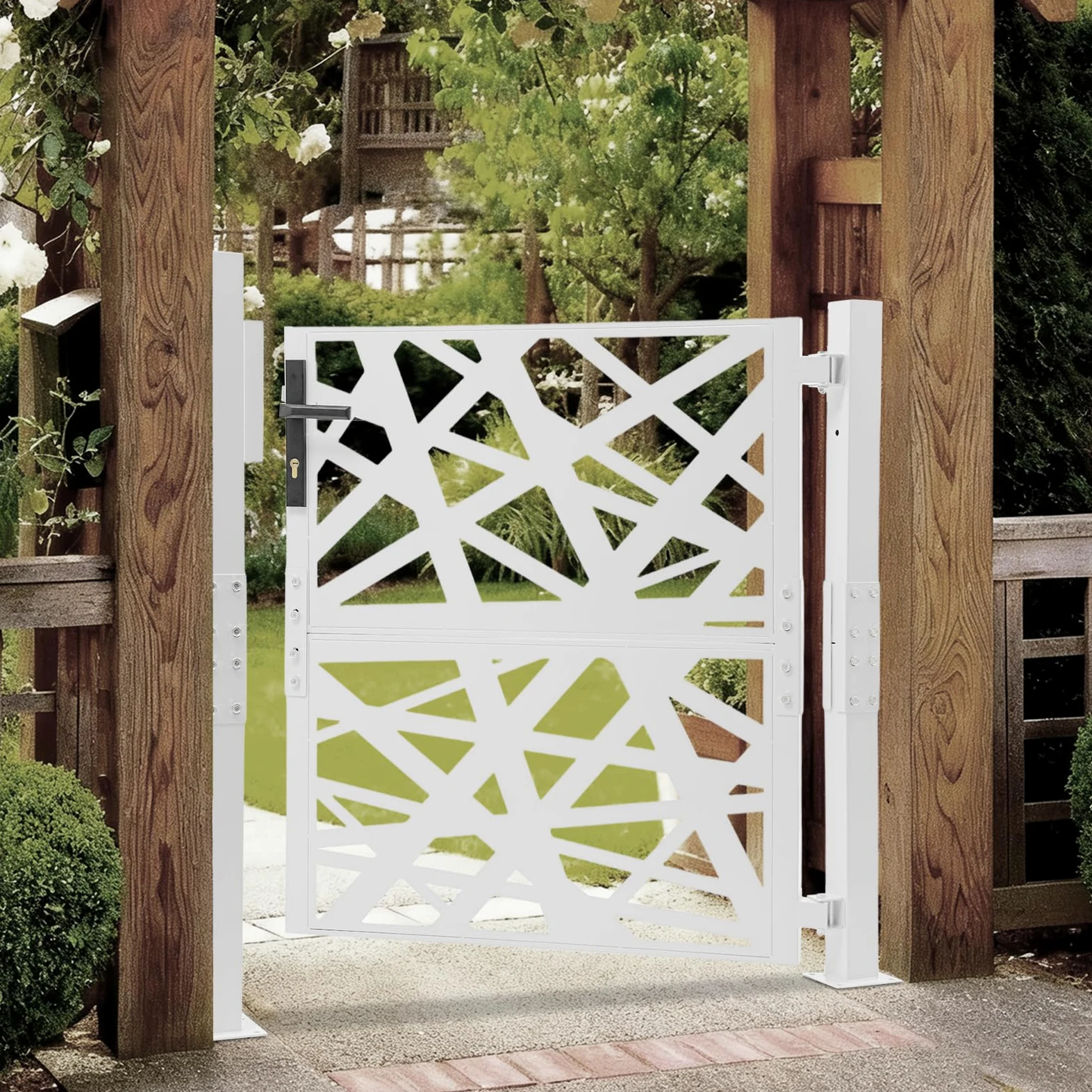 Cancello da giardino in metallo, porta da giardino in acciaio, chiudibile a chiave, cancello del cortile e cancello d'ingresso per giardino, terrazza e vialetto con design a motivo geometrico forato