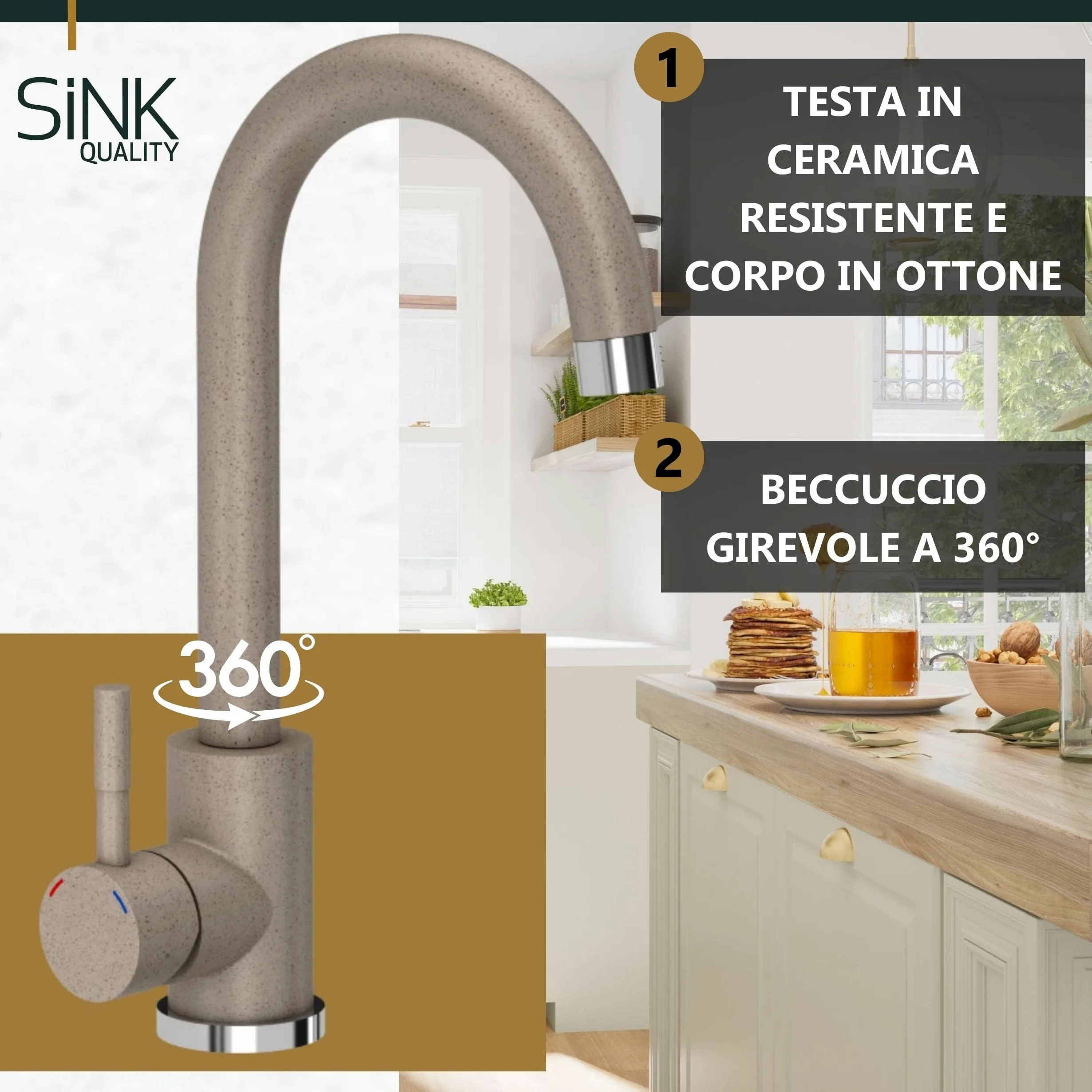 Lavello Sink Quality Beige con rubinetto, 45 × 42 cm, sifone e impregnazione, da incasso in granito, per mobiletto a partire da 45 cm