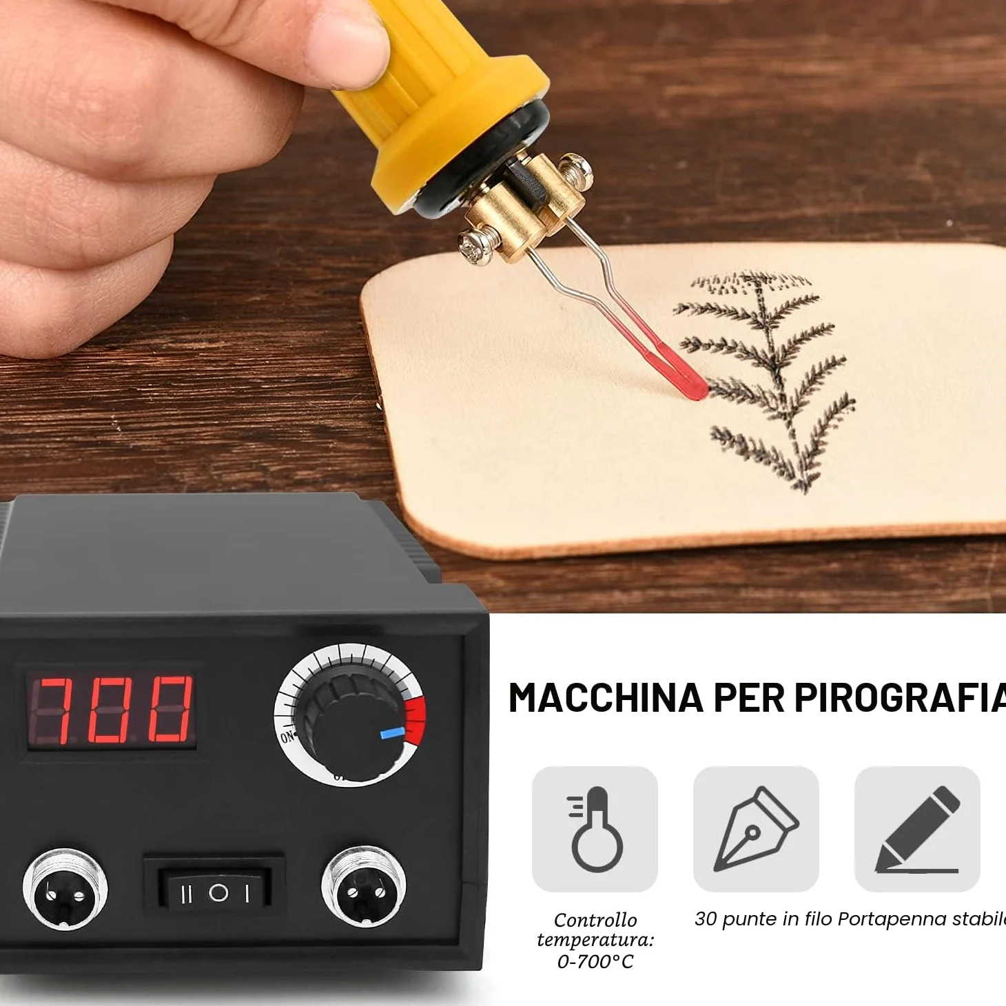 Macchina per Pirografia, Luriseminger 60W Pirografo per Legno Professionale Digitale Temperatura Regolabile 0-700 ℃ Pirografia Legna 2 Penne 30 Teste di Penna per Legno, Pelle, Zucca