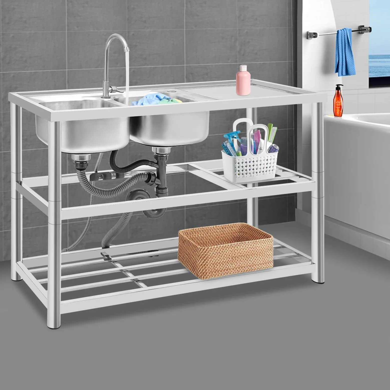 Lavello da cucina in acciaio inox, a 2 vasche a 3 livelli, autoportante, con rubinetto, per ristorante, campeggio, 120 x 45 x 80 cm, con accessori e scolapiatti