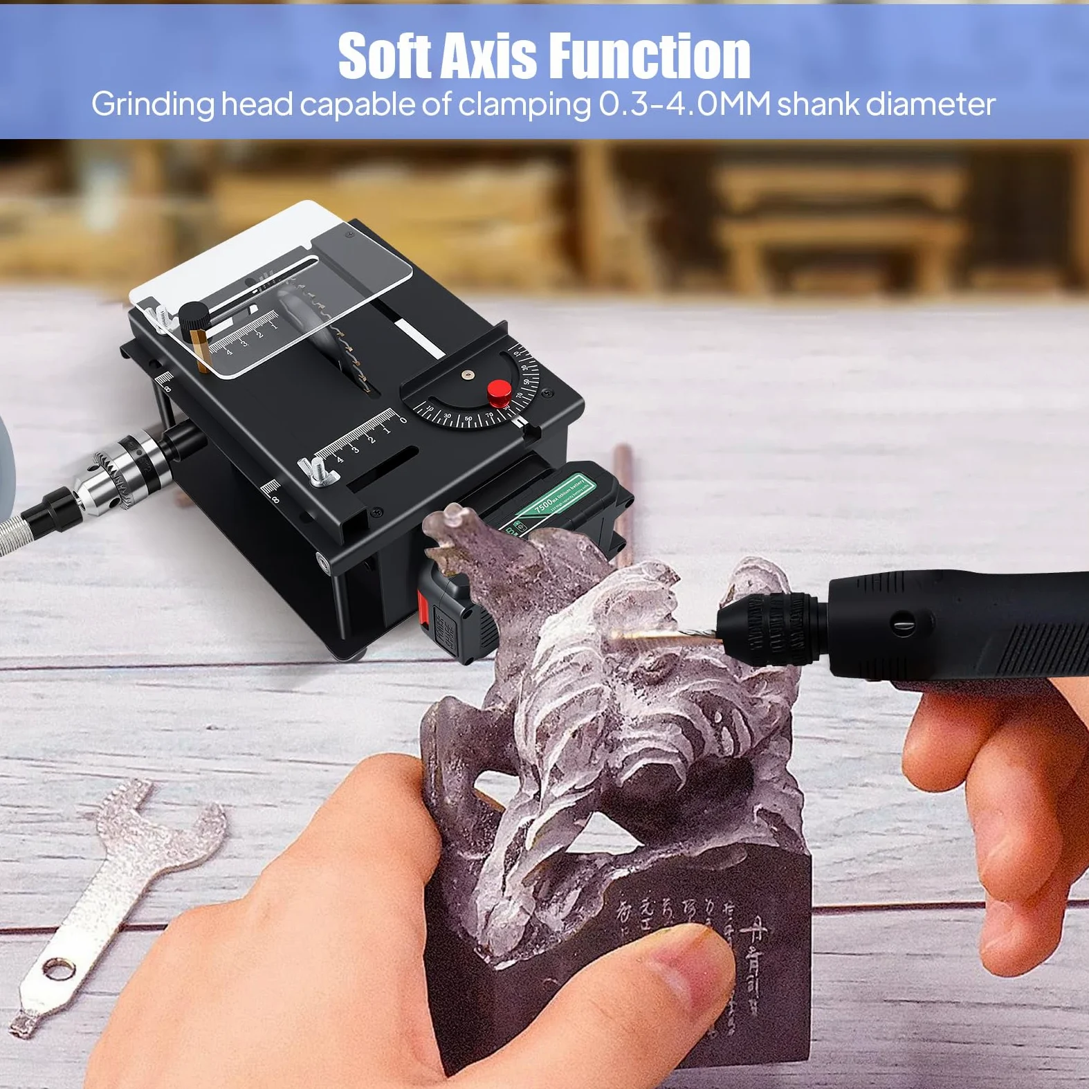 Mini sega circolare da tavolo con batteria e albero flessibile - Sega circolare di precisione da 23.000 giri/min, angolo di taglio regolabile, sega multifunzione 3 in 1 accessori levigatura e foratura