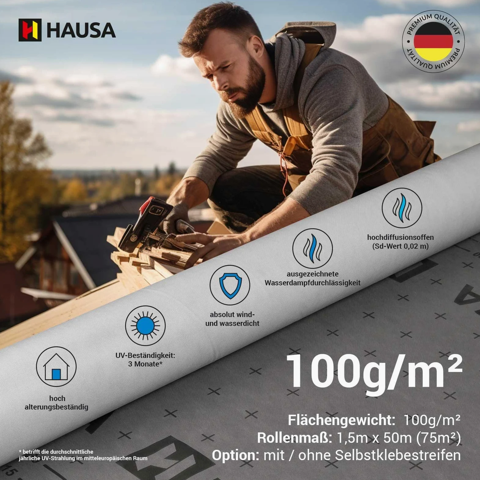 HAUSA Classic HU100SK - Binario flessibile a tre strati, ad alta diffusione, 1,5 m x 50 m (75 m²), 100 g/m², resistente agli strappi, resistente alle intemperie, con strisce autoadesive, impermeabile