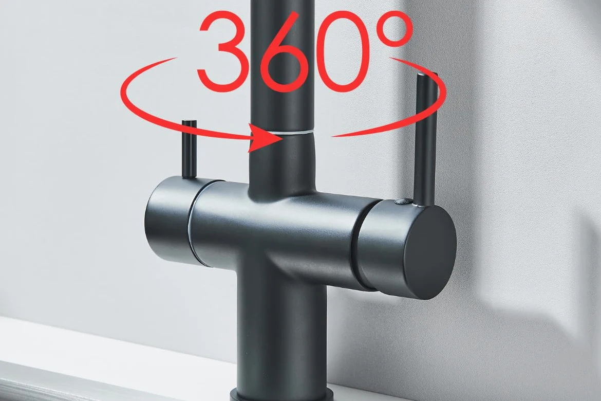 Rubinetto da cucina a 3 vie VENOM Pull-Out con doccetta estraibile, tubo separato per acqua potabile filtrata, beccuccio girevole a 360°, 2 tipi di getto, cartuccia in ceramica, corpo in ottone (nero)
