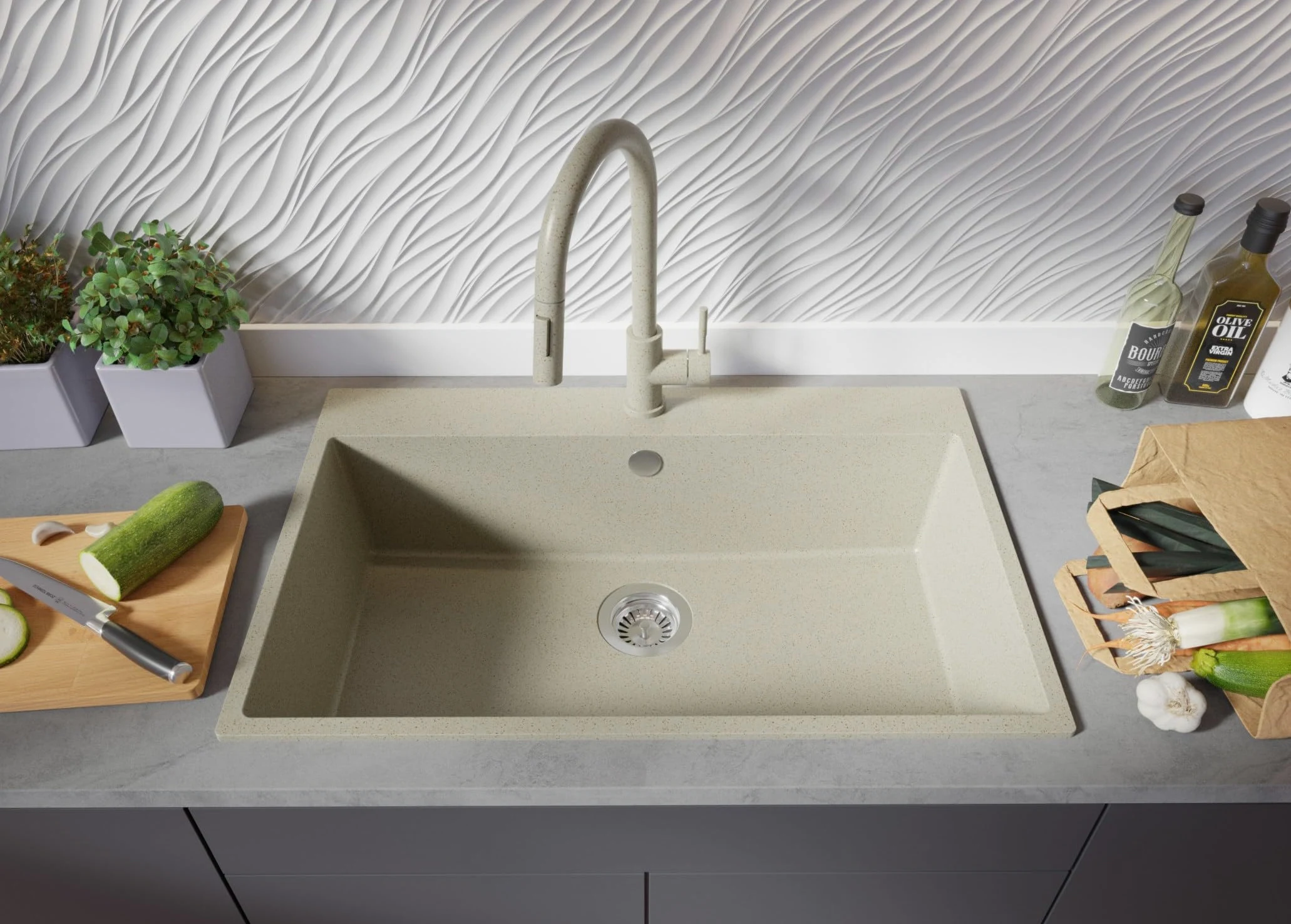 Lavello da Cucina Beige 78x50cm, Lavandino da Cucina a 1 vasca + Sifone Classico, Lavabo da Cucina Incasso al mobile 80cm - Riga di Primagran