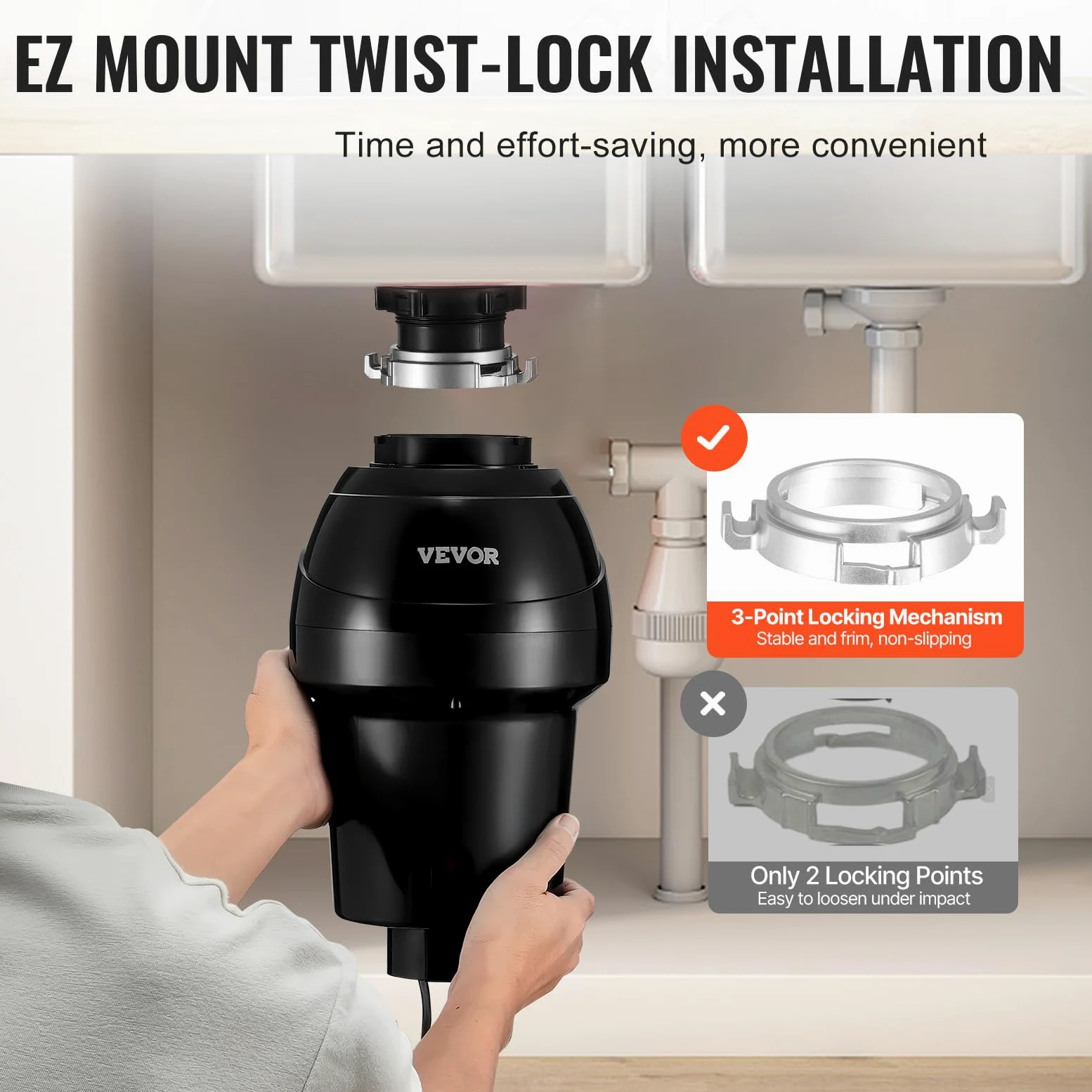 VEVOR Tritarifiuti per Lavello da Cucina, 0,74 kW, Sistema di Smaltimento Rifiuti Alimentari in Acciaio Inox, Motore CC, Supporto EZ, 3960 giri/min, con Cavo di Alimentazione, Paraspruzzi per la Casa