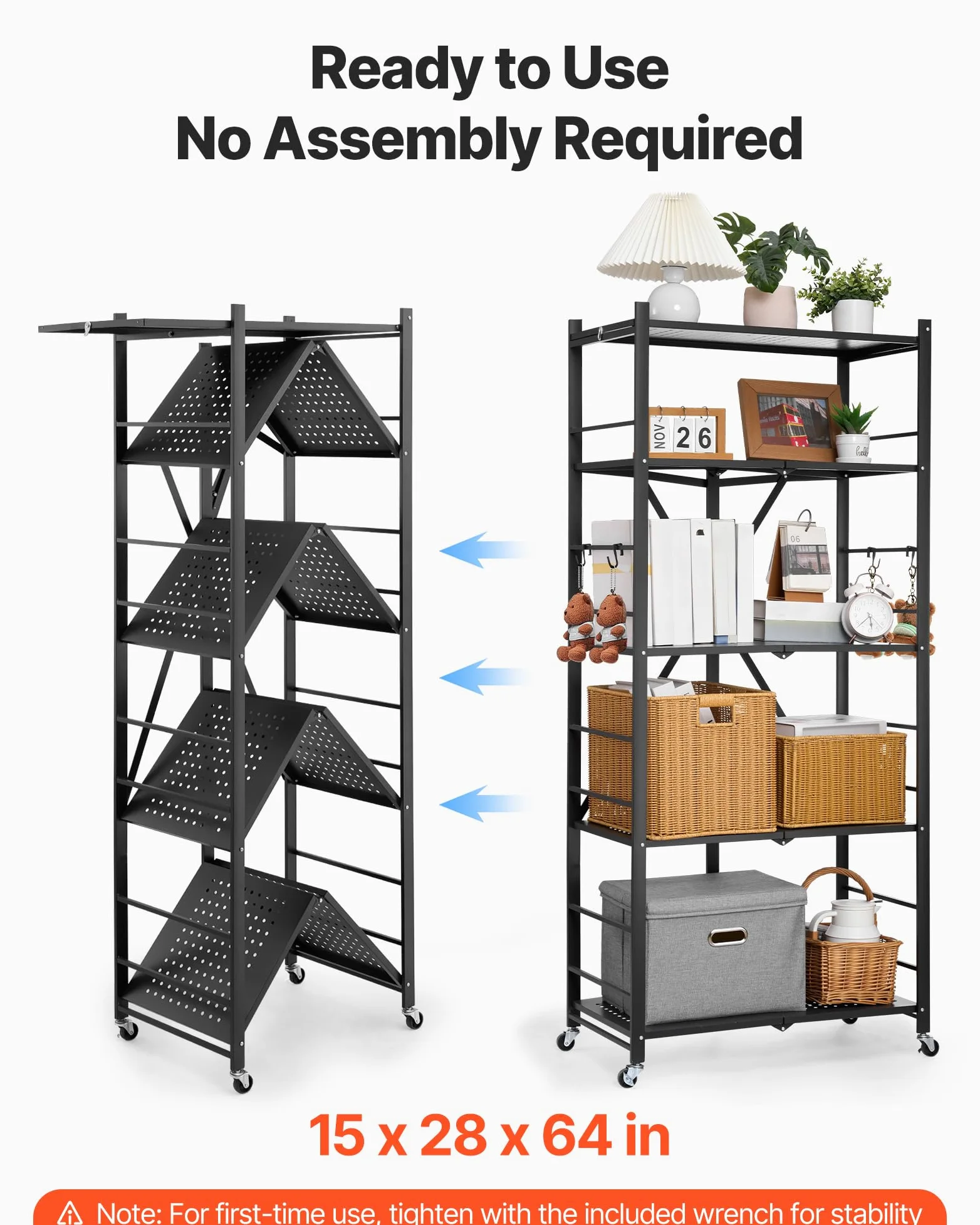 VEVOR Scaffale Portaoggetti Pieghevole a 5 Ripiani con Ruote, Scaffale in Metallo Pieghevole, Robusto Resistente Senza Montaggio, Ideale per Garage, Cucina, Cantina Nero 380 x 710 x 1630 mm
