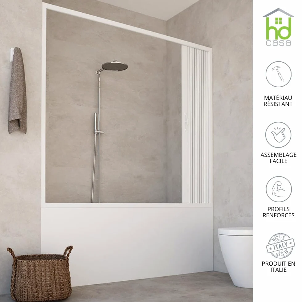 HD CASA Box Sopravasca a Soffietto Modello Alba, Apertura Laterale Reversibile, Pannelli in PVC Riducibili, Cabina Doccia Salvaspazio Made in Italy Arredobagno, parete vasca 170 cm