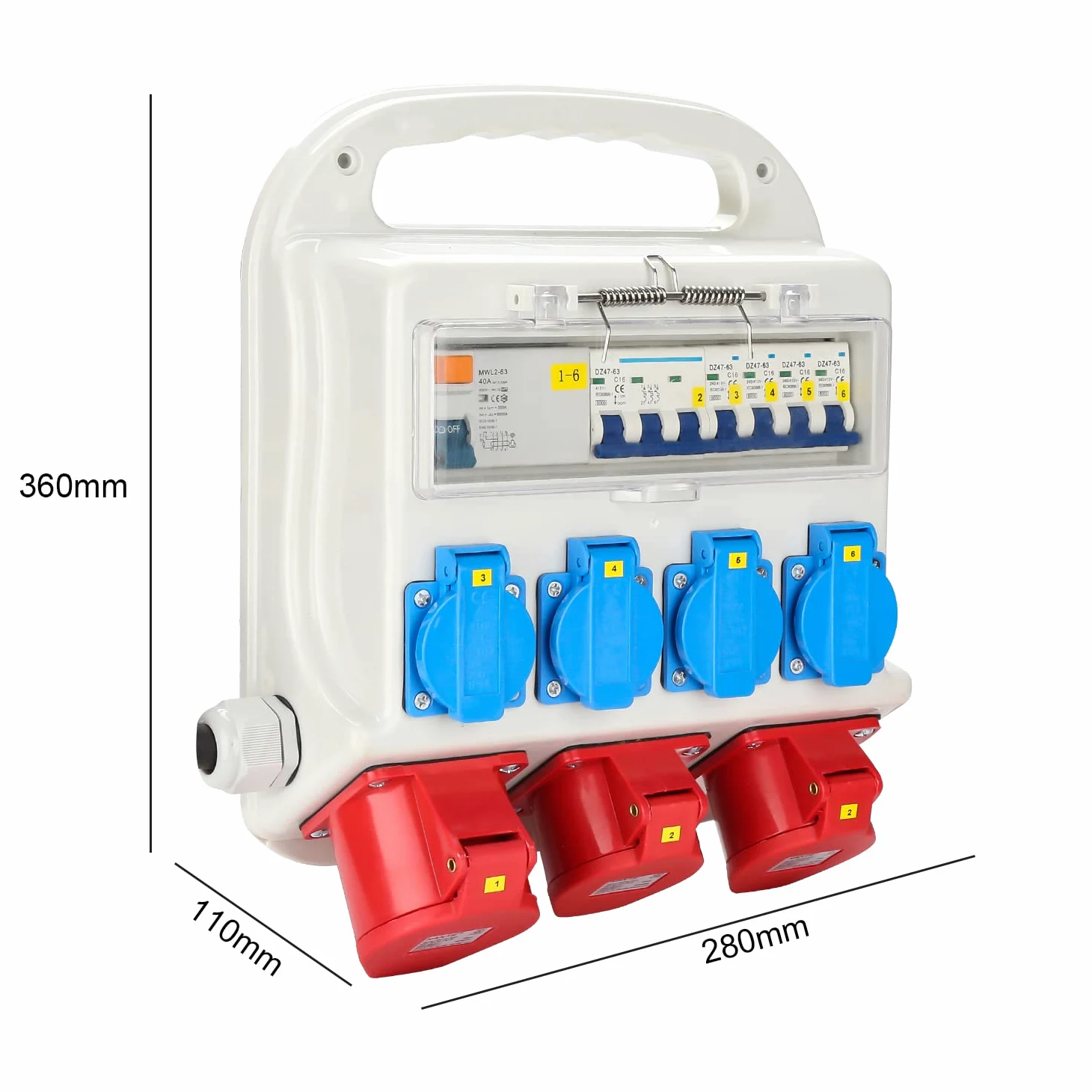 Fiqops Distributore di corrente da costruzione 32a, distributore di corrente 4 x 230 V, 2 x 16 A, 1 x 32 A, 400 V, CEE a 5 poli, con interruttore FI/LS, IP44 con coperchi di sicurezza e tubo,