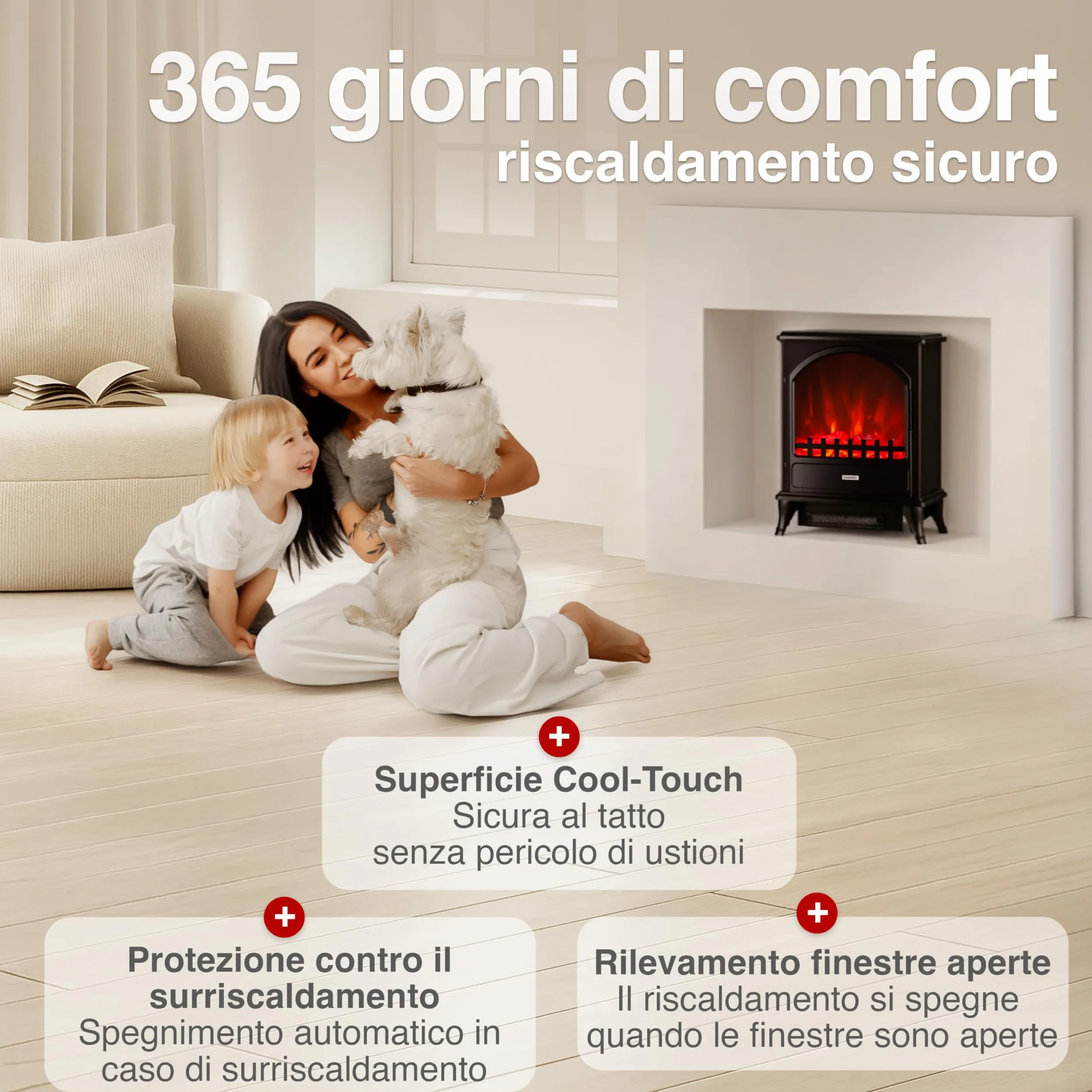 KAMINIO Camino elettrico Leni - Stufa elettrica con riscaldamento, effetto fiamma 3D (Nero)