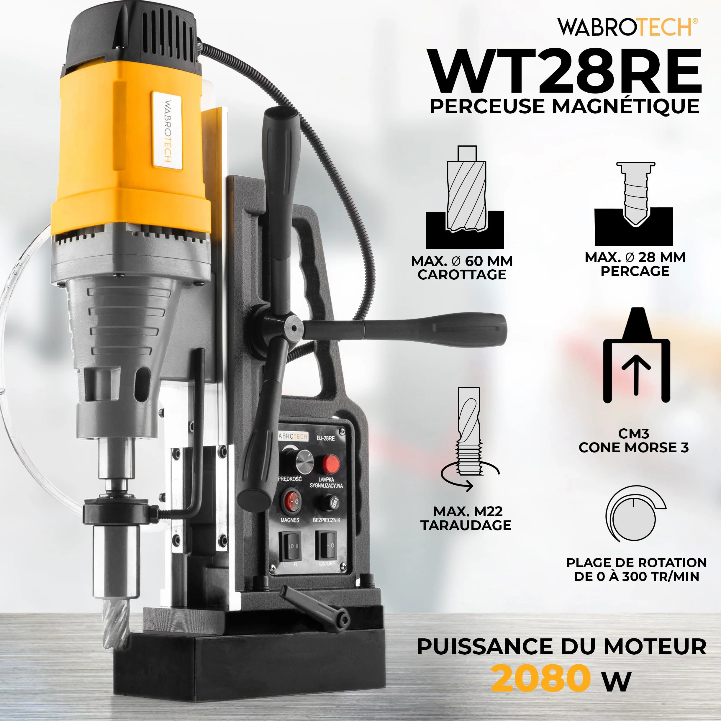 Magnetico Trapano Carotatrice magnetica WT28RE (2.080 W, 13.800 N, 300 giri/min) Max. Carotaggio 60 mm, Attacco Weldon 19 mm +