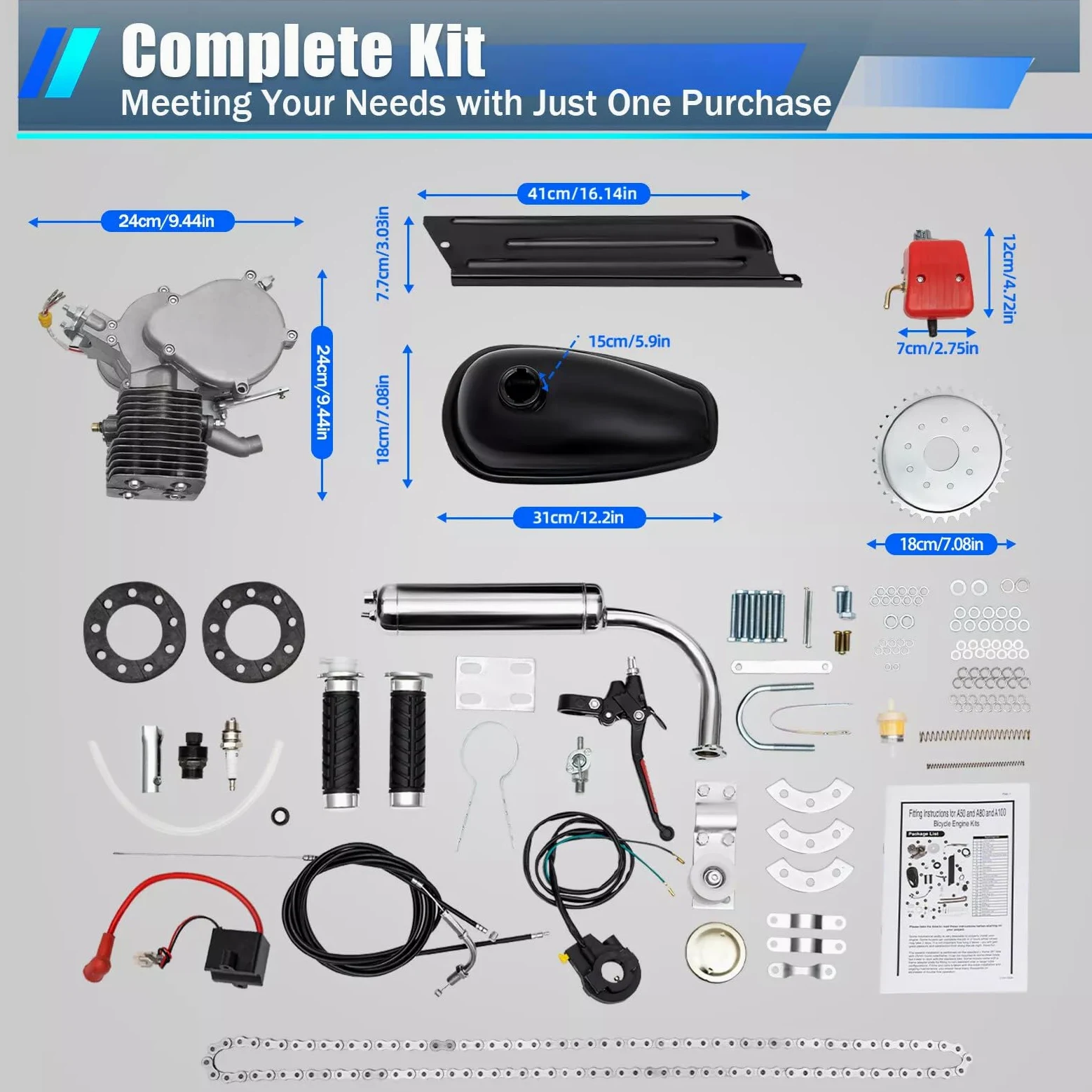 Kit motore per bicicletta, 100 CC a 2 tempi, CDI Pocket Bike Motor, raffreddamento ad aria, motore a benzina per bicicletta, kit per la maggior parte delle biciclette da 26/28, 44, numero di denti