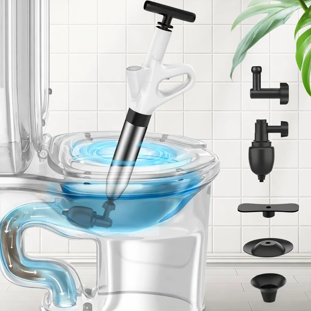 Stura WC ad alta pressione, Pompa stura scarichi con manometro visibile, Sturalavandini a pressione con sonda in tempo reale, Stantuffo robusto per intasamenti di WC, lavandini e tubature(Bianco)