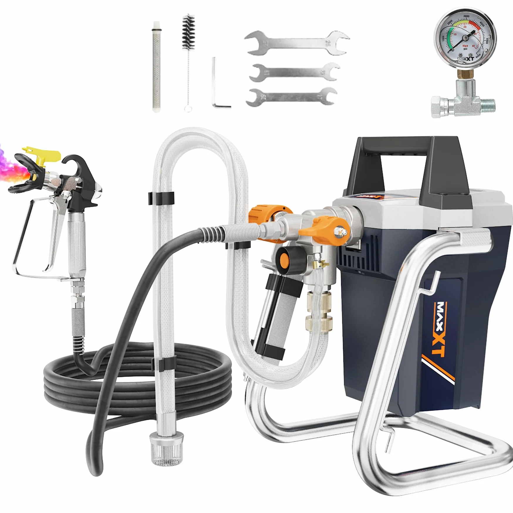 MAXXT Aerografo Airless Alta Potenza 1300W, 220-240V~50Hz, Pressione Max 3000PSI/20.7MPa, Portata 1,44L/min, Tubo 7,5m, Ugello 517, Manometro & Accessori Completi per Casa e Professionale