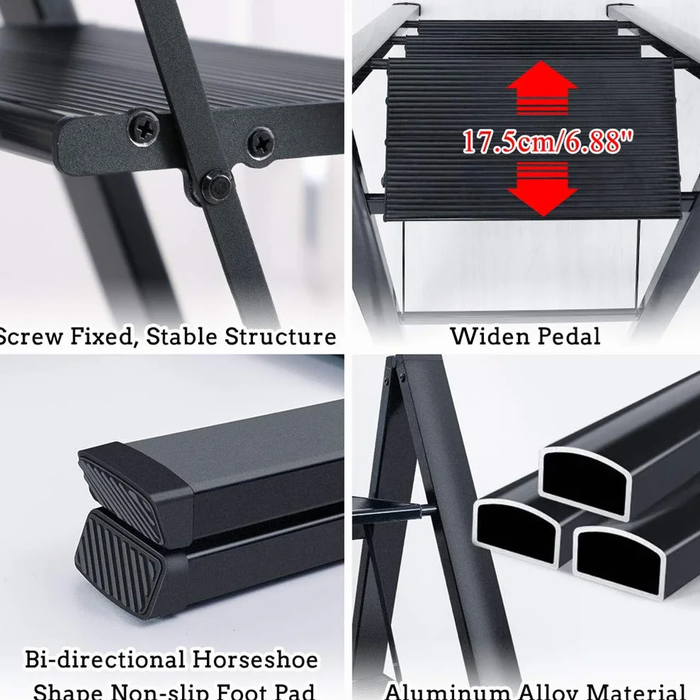 BAOYOUNI Scaletta Pieghevole in Alluminio 4 Gradini Sgabello Leggera Resistente con Pedale Antiscivolo Scala per uso Domestico, Ufficio, Garage, Giardino, Pittura, può Portare Fino a 135 kg, Nero