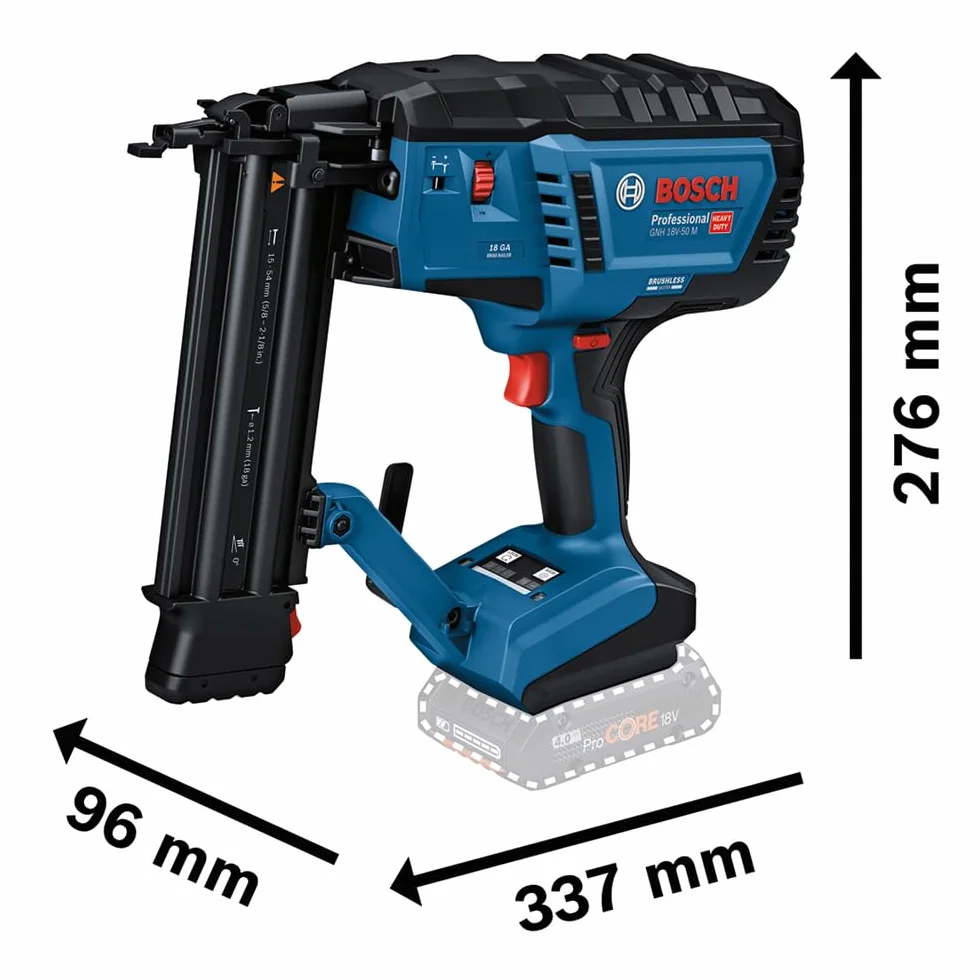 Bosch Professional 18V System Chiodatrice legno GNH 18V-50 M (azion.sing./a contatto,idonea per i seguenti chiodi: 16–54 mm,18 GA (1,2 mm) e ang. caricatore da 0°, L-BOXX, senza batt./caricabatt.)