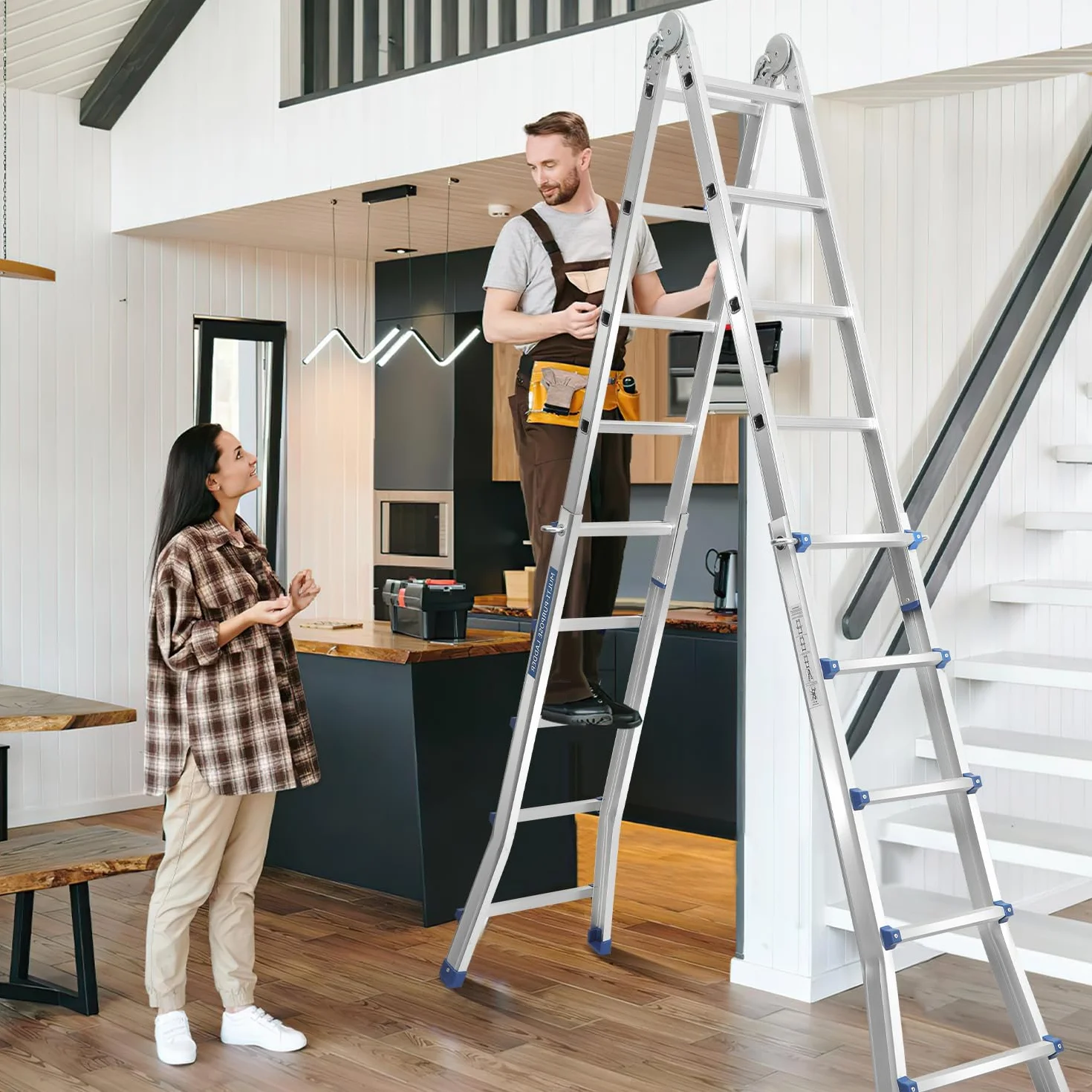 Scala Multiuso in Alluminio 4 in 1 - 513 cm, 4 x 5 Pioli, Telescopica, Capacità 150 kg, a Scorrimento Con Supporto Su Entrambi i Lati