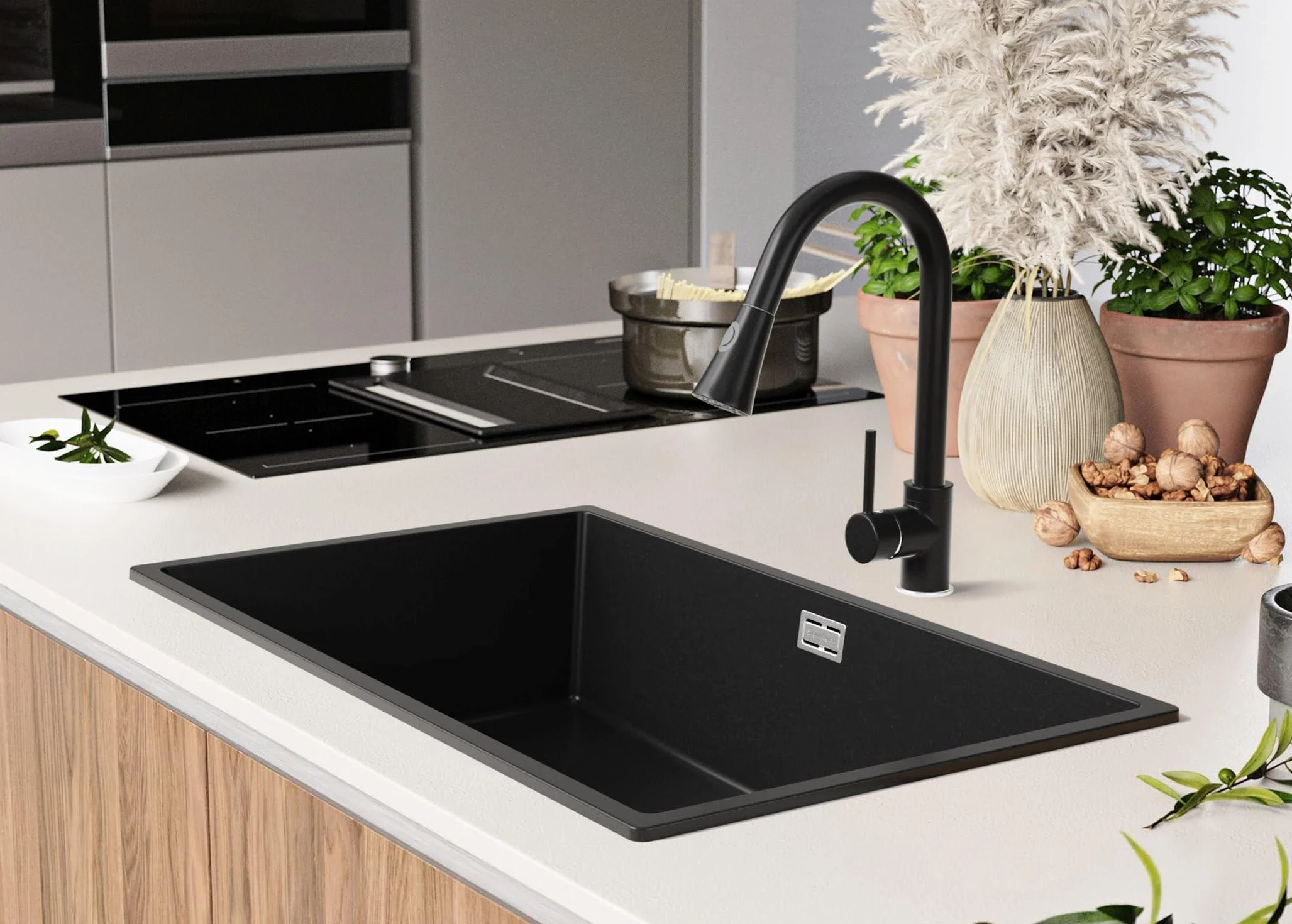 PRIMAGRAN Lavello da Cucina Nero 76x47cm, Lavandino in Granito a 1 vasca + Sifone Classico, Lavabo da Cucina Incasso al Mobile 80cm - London Slim S477