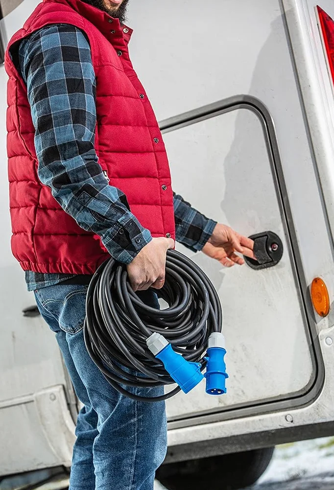 as - Schwabe Cavo di prolunga da campeggio, 25 m, 230 V, 16 A, 3 poli, spina CEE con indicatore di tensione, accoppiamento CEE con coperchio ribaltabile, prolunga per camper, prodotto in Germania,
