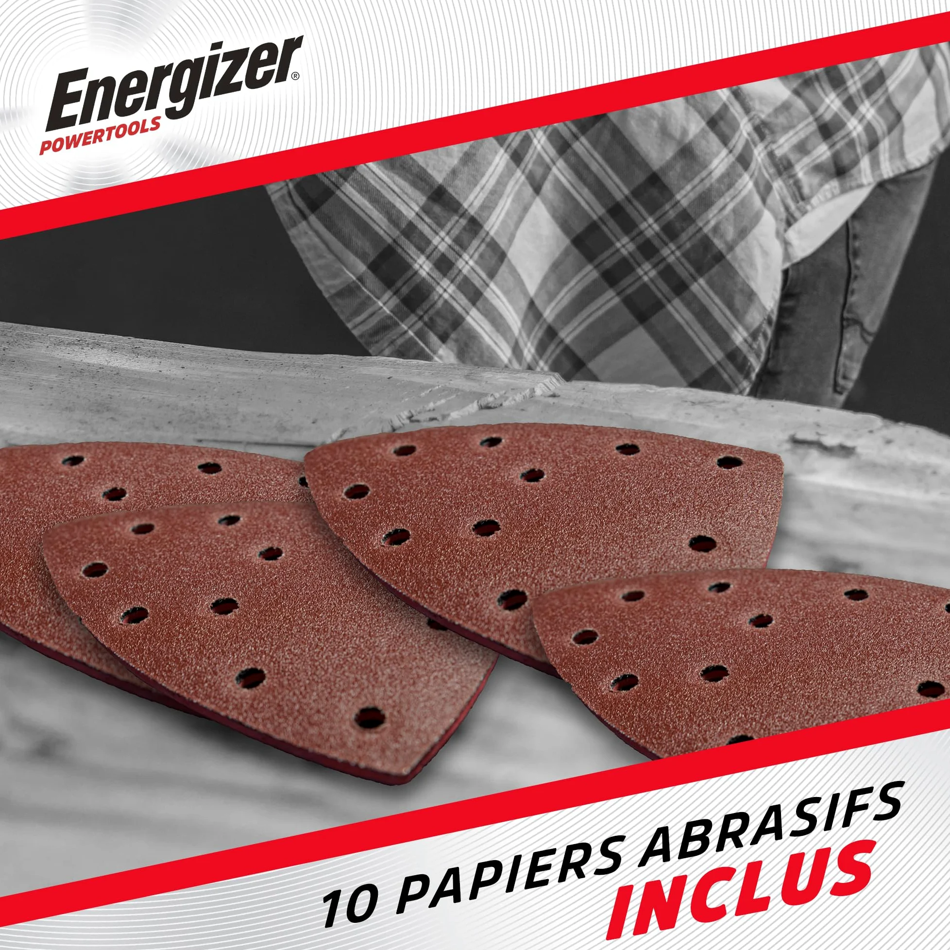 Energizer - Levigatrice Orbitale Multifunzione Triangolare Senza Fili 20V con Batterie Incluse – 10000 OPM, Sacchetto Aspirapolvere, 10 Fogli Abrasivi Inclusi (P60/80/120), Ideale per Finiture e Fa