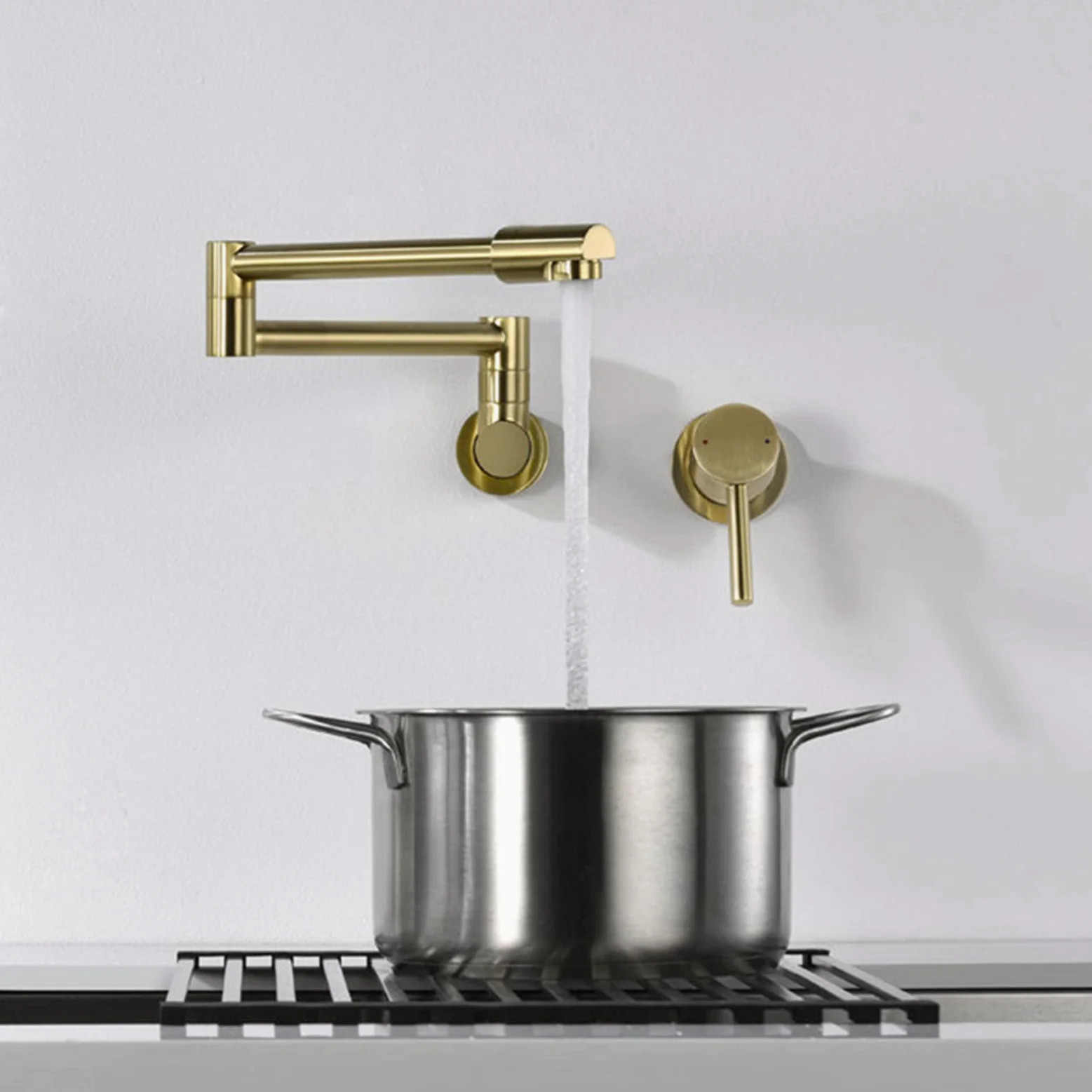 Rubinetto di riempimento per vaso a parete, design a doppio giunto snodato, rubinetto per lavello da cucina in ottone, miscelatore a due fori con maniglia singola, oro spazzolato