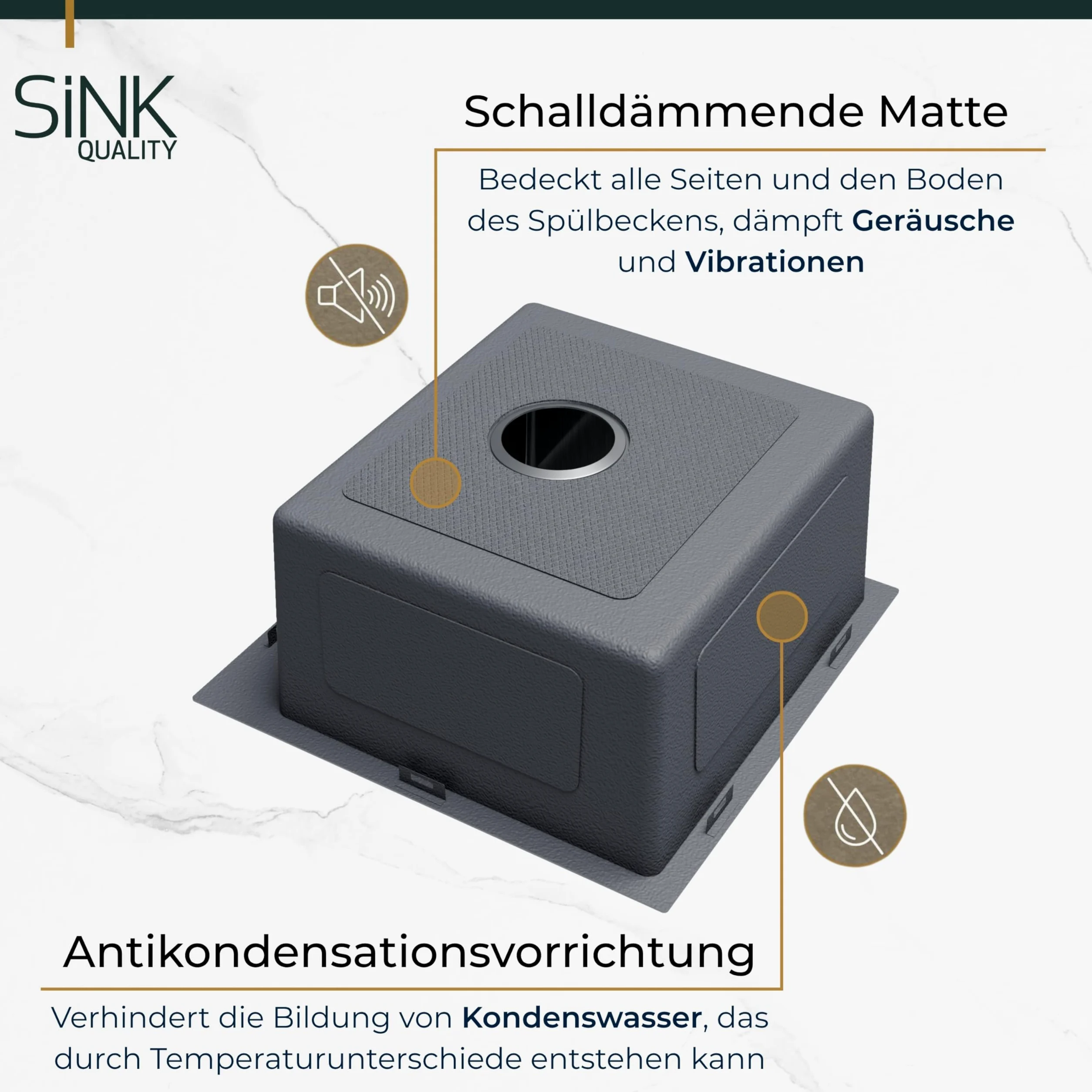 SINK Quality Lavello Cucina 40x45 cm | Acciaio Inox 304 | Vasca Singola Antigraffio PVD | Insonorizzato e Anticondensa | Sifone Salvaspazio Incluso | Ideale per Base 40 cm
