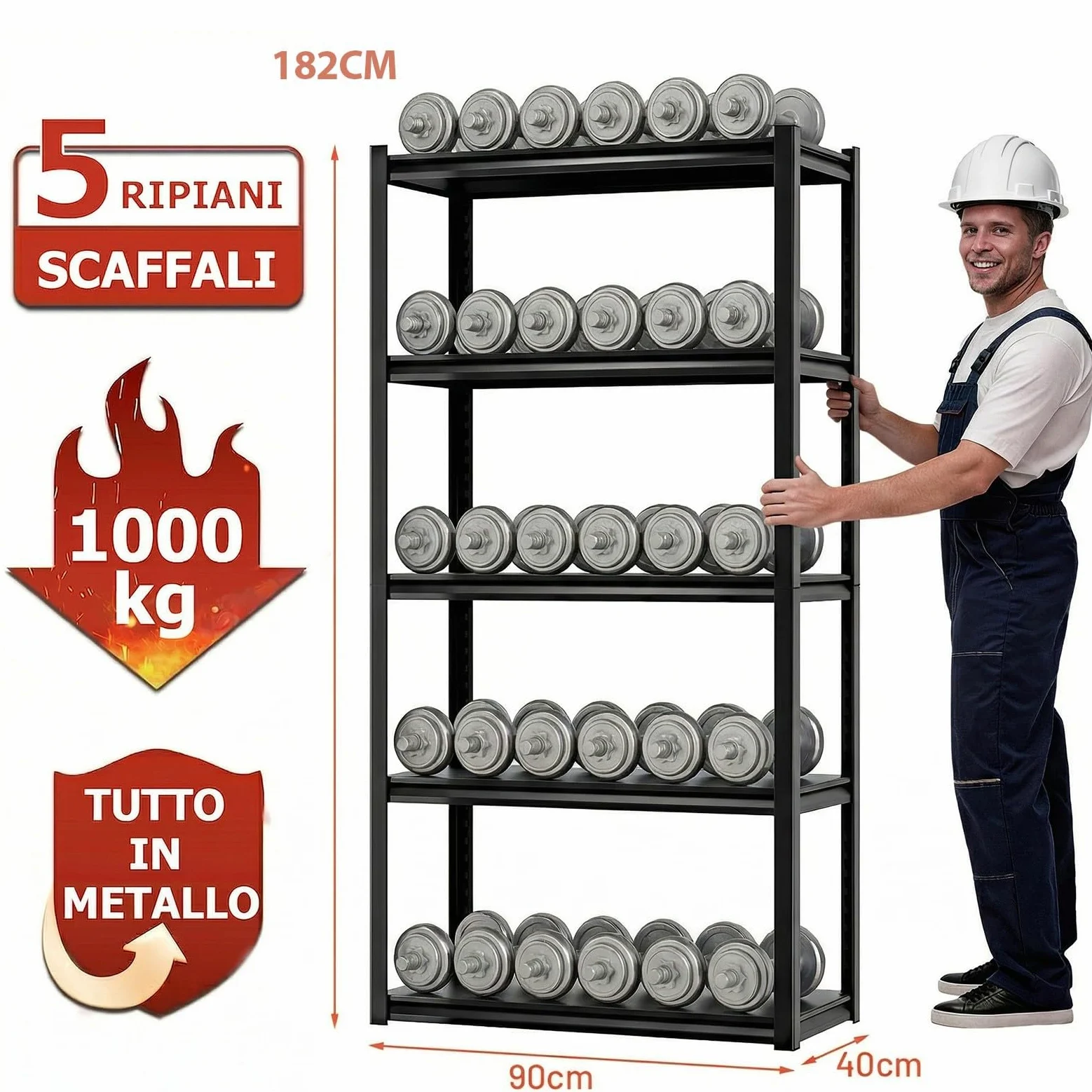 Himimi Scaffale Metallico Industriale 5 Ripiani 1000 kg Scaffale di Stoccaggio Robusto con Ripiani Regolabili in Altezza Scaffale Aperto per Cantina Garage Magazzino Cucina Scaffale 90x40x182 cm Nero