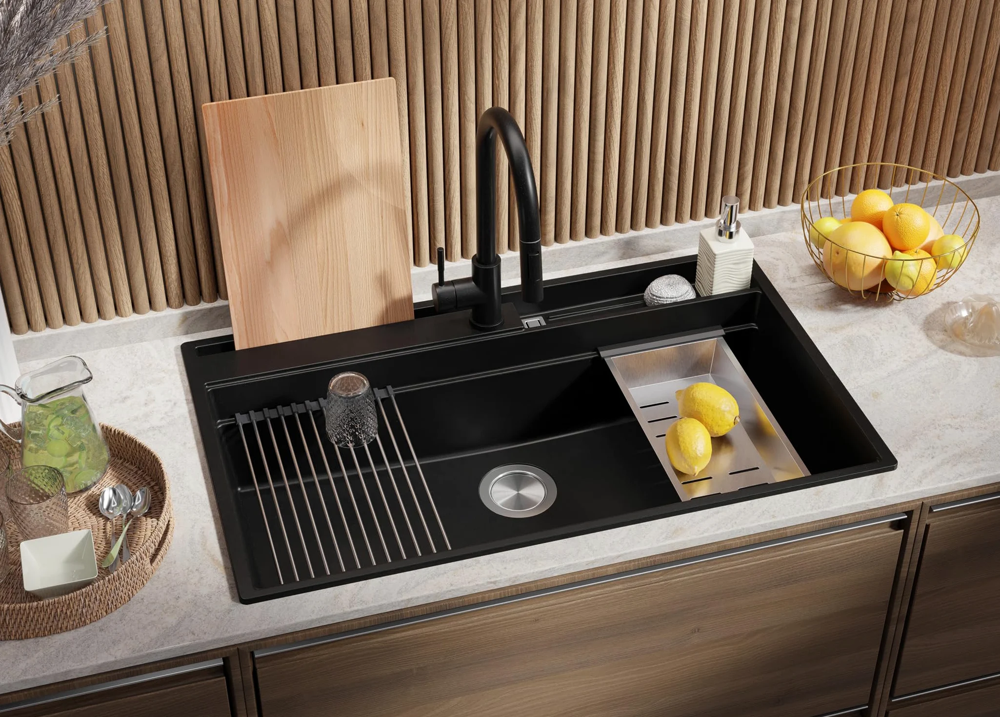 PRIMAGRAN Lavello da Cucina Nero 88x53cm, Lavandino in Granito a 1 vasca + Sifone Classico, Lavabo da Cucina Incasso al Mobile 90cm - Oslo 90 Pocket S455