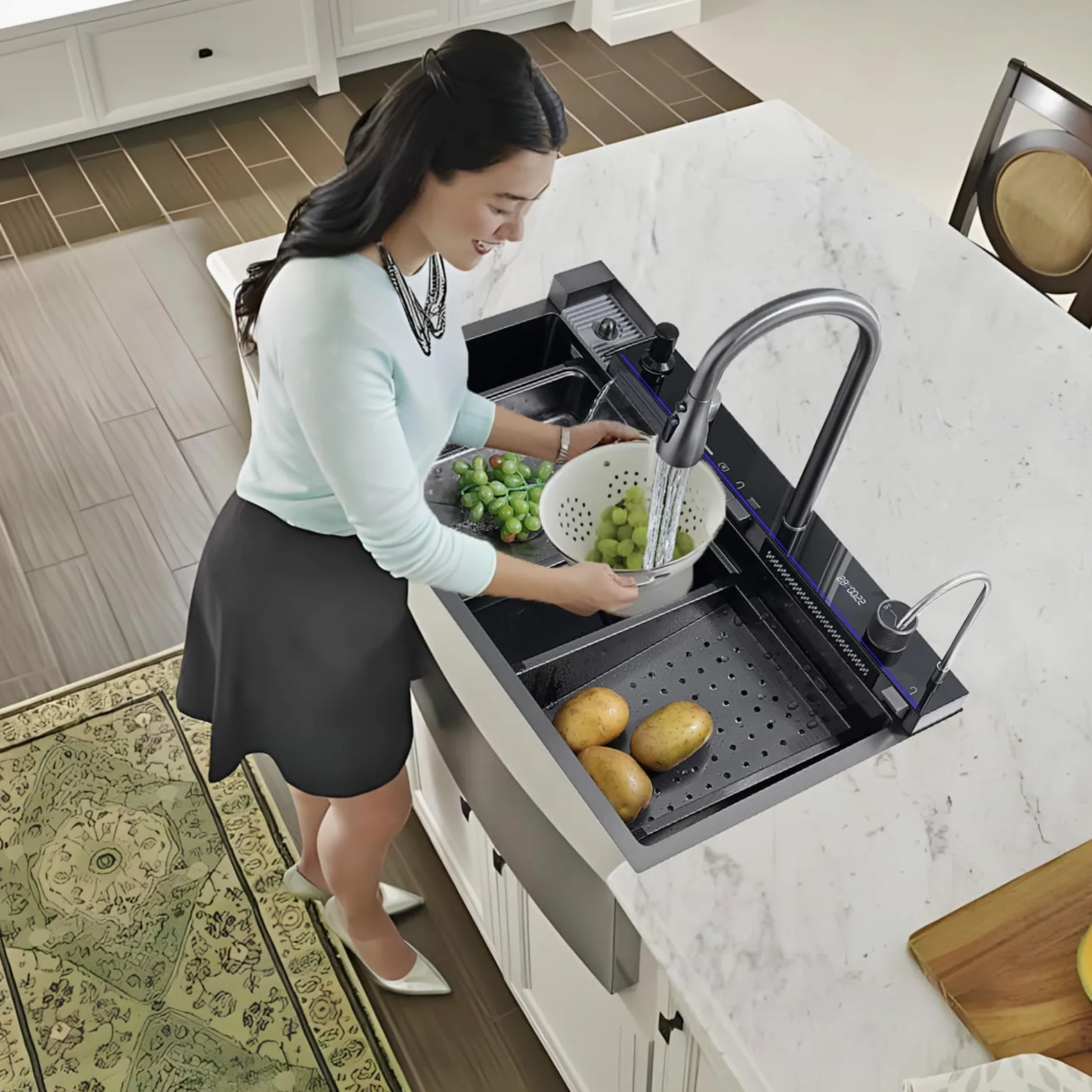 Nero Lavandino Cucina 1 Vasca Multifunzione Kitchen Sink Moderno Acciaio Inox Lavello Cucina Cascata, con Componente Di Drenaggio,Tagliere, Lavatazze, Dispenser di Sapone, Istruzioni (80x45x22cm)