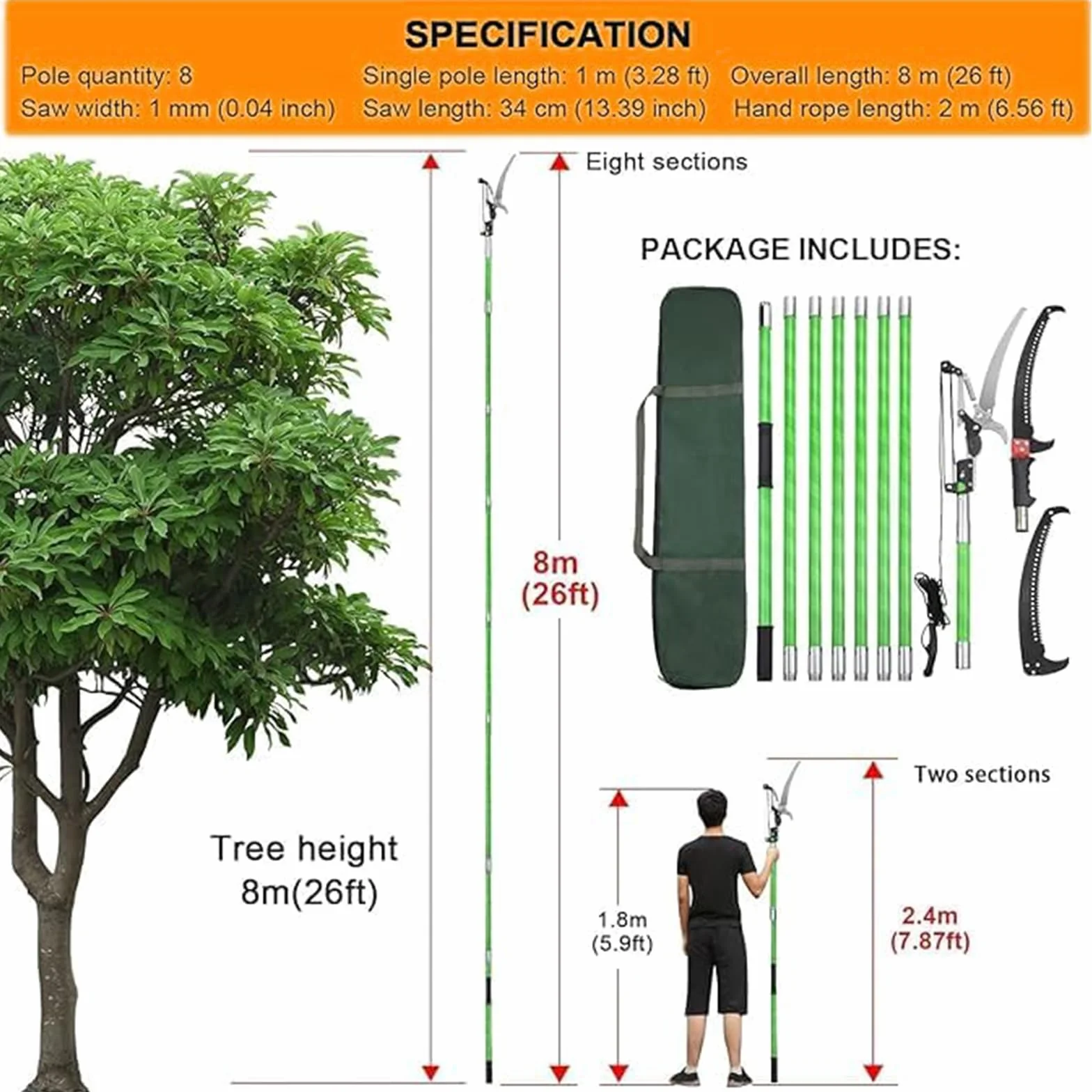 8M Sega Per Alberi Con Manico Telescopico, Cesoia Per Potatura Manuale Regolabile, Attrezzi da Giardinaggio per Segare e Cesoiare ad Altezza